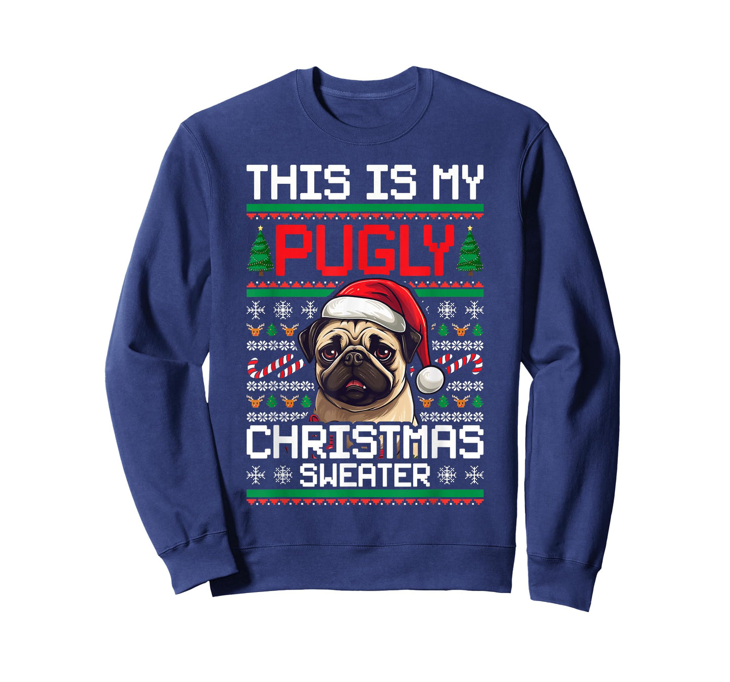 Ugly Christmas Sweater Pug Candy Cane Graphic T-Shirt