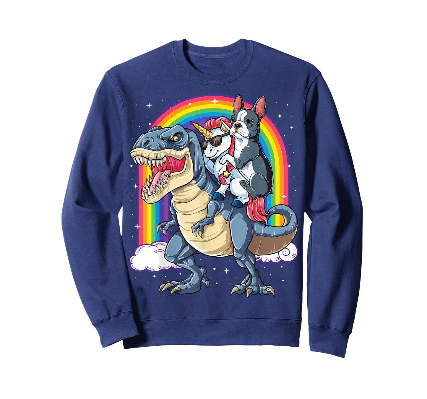 Boston Terrier Unicorn Riding Dinosaur T-rex Girls Rainbow T-Shirt