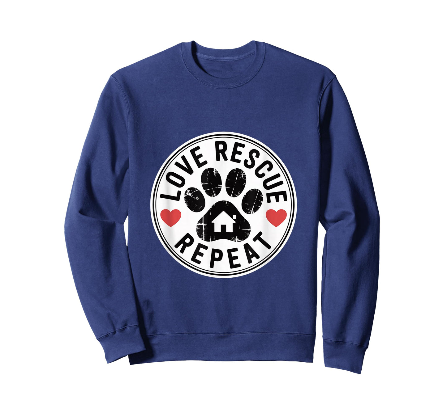 Love Rescue Repeat Paw Print Design with Hearts and Home T-Shirt