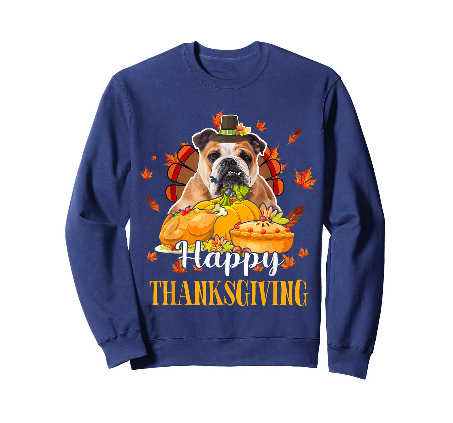 Happy Thanksgiving Turkey Bulldog Wearing Hat Fall Pumpkins T-Shirt