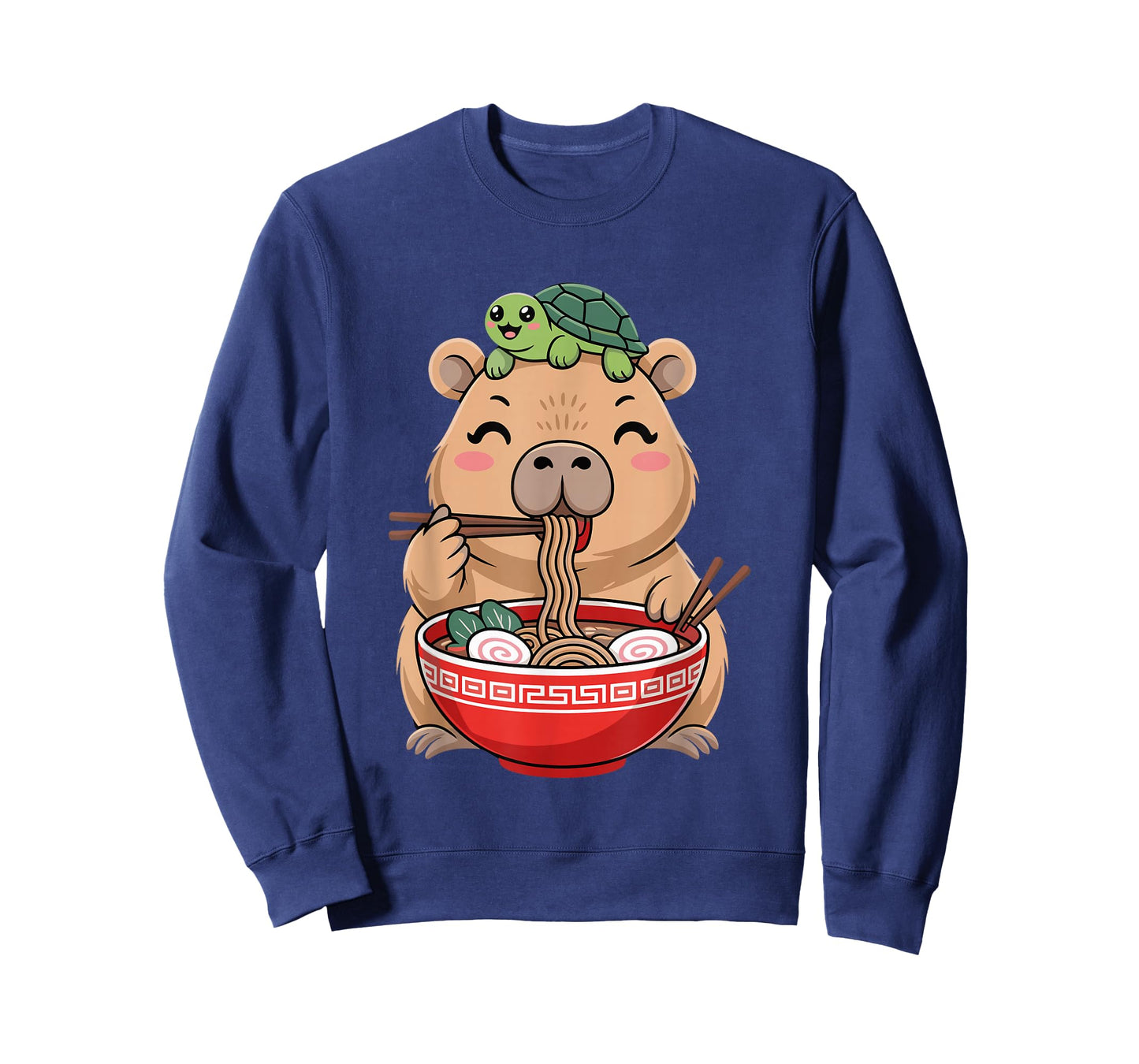 Cute Kawaii Capybara Eating Noodles with Turtle on Head T-Shirt