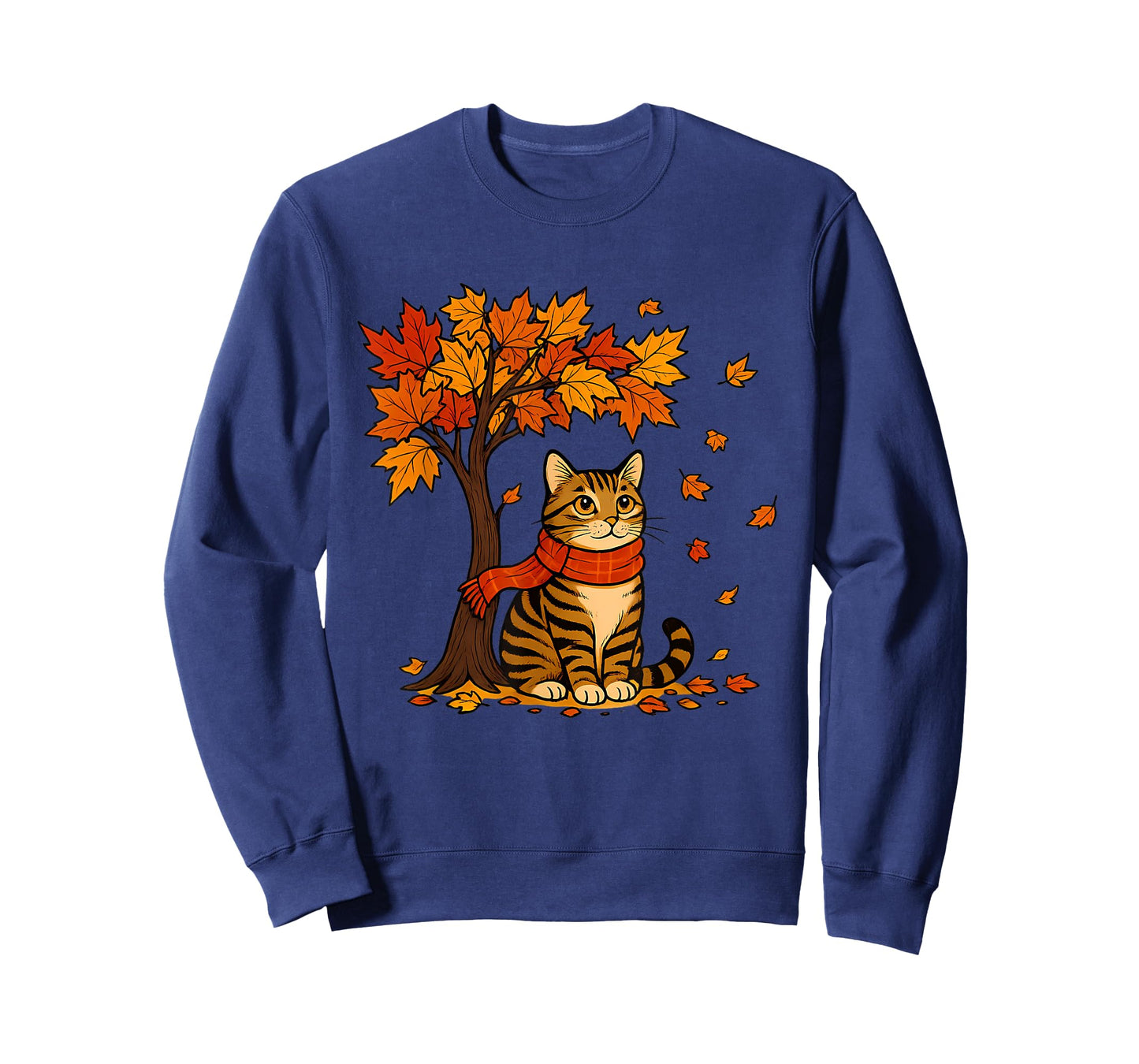 Autumn Cat Scarf Fall Vibes Falling Leave Tree Thanksgiving T-Shirt