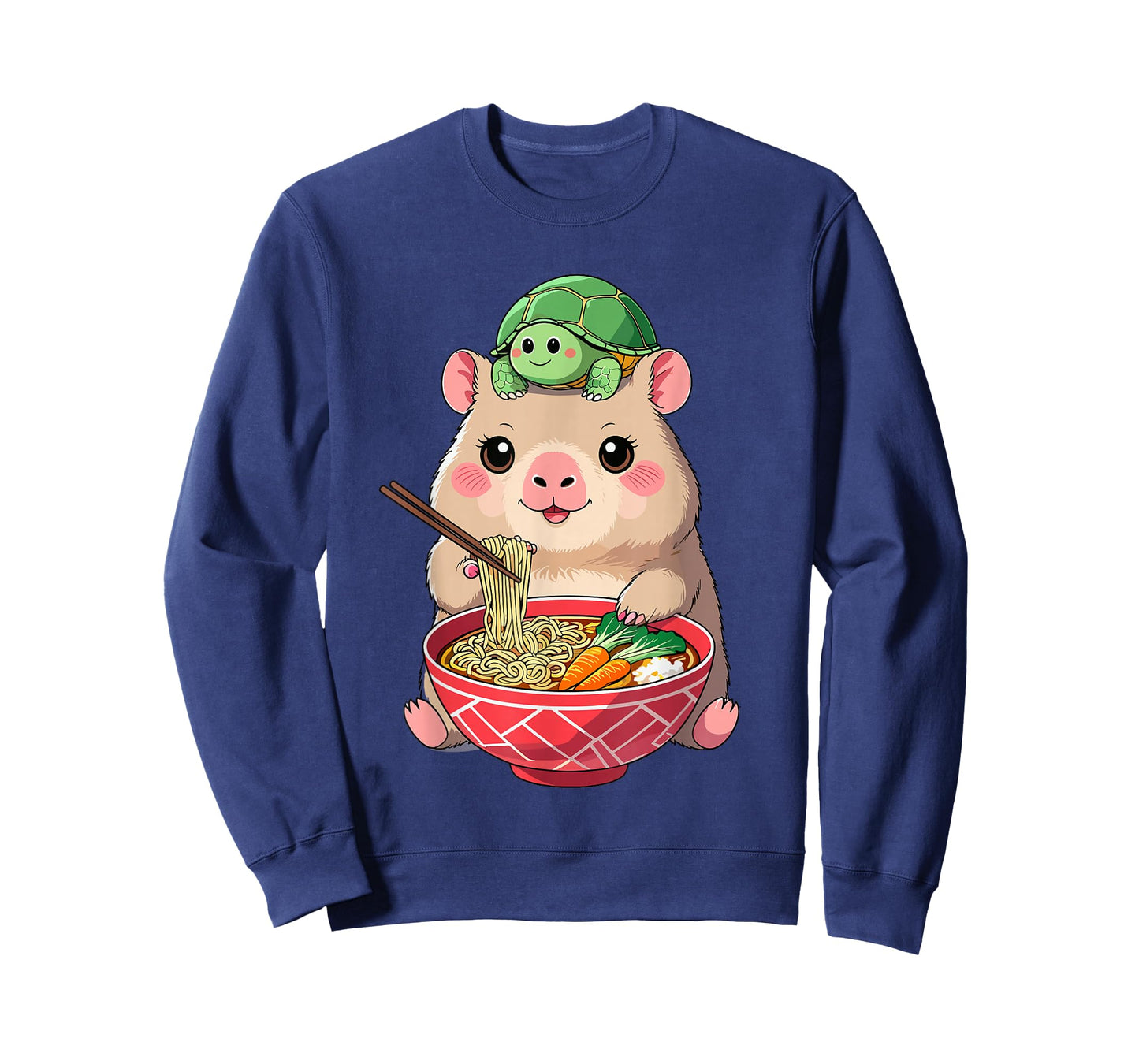 Cute Kawaii Capybara Eating Noodles with Turtle on Head T-Shirt
