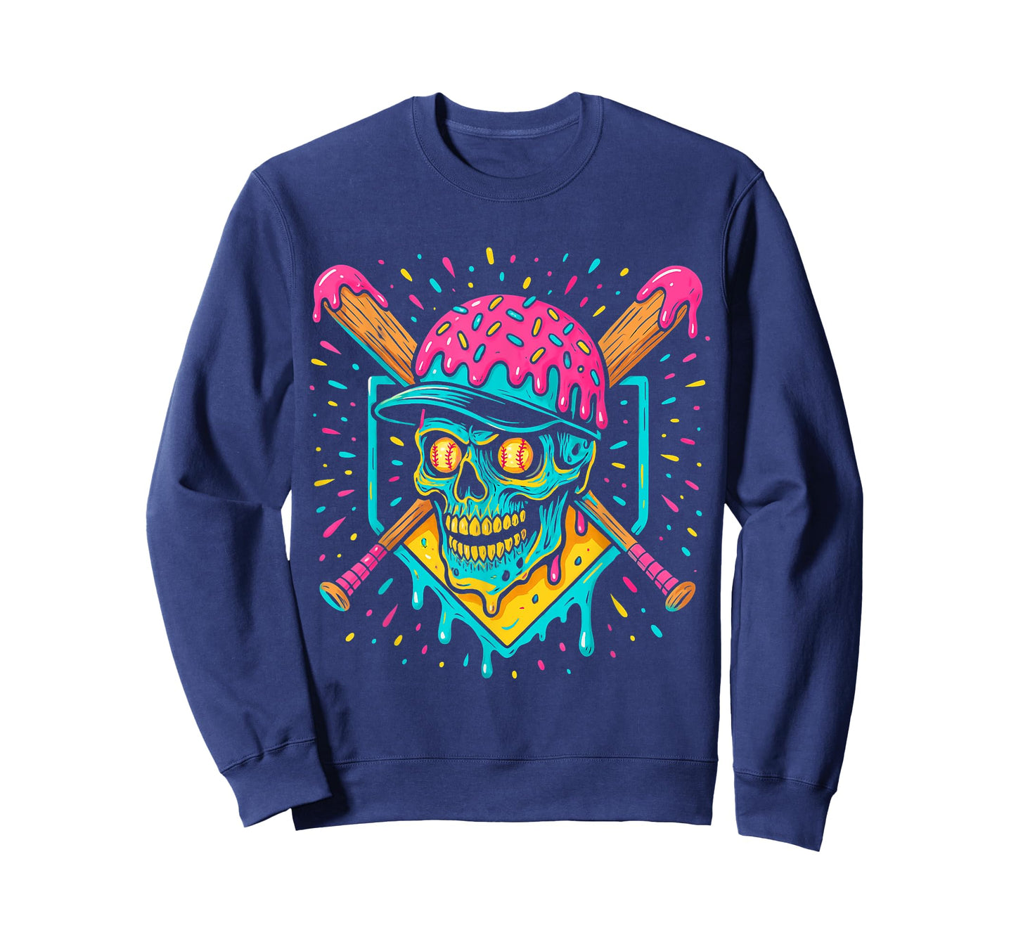 Baseball Home Plate Drip Ice Cream Skull Funny Baseball T-Shirt
