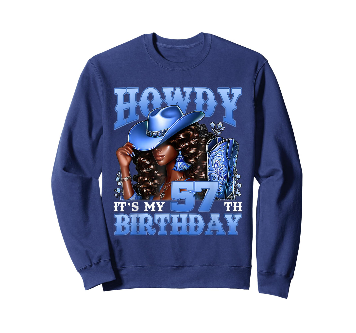 Howdy 57th Birthday Western Cowgirl Hat Boots Black Women T-Shirt