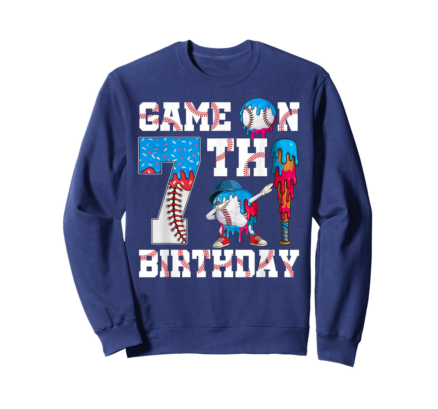 Game On I'm 7th Birthday Baseball Drip Ice Cream 7 Year Old T-Shirt