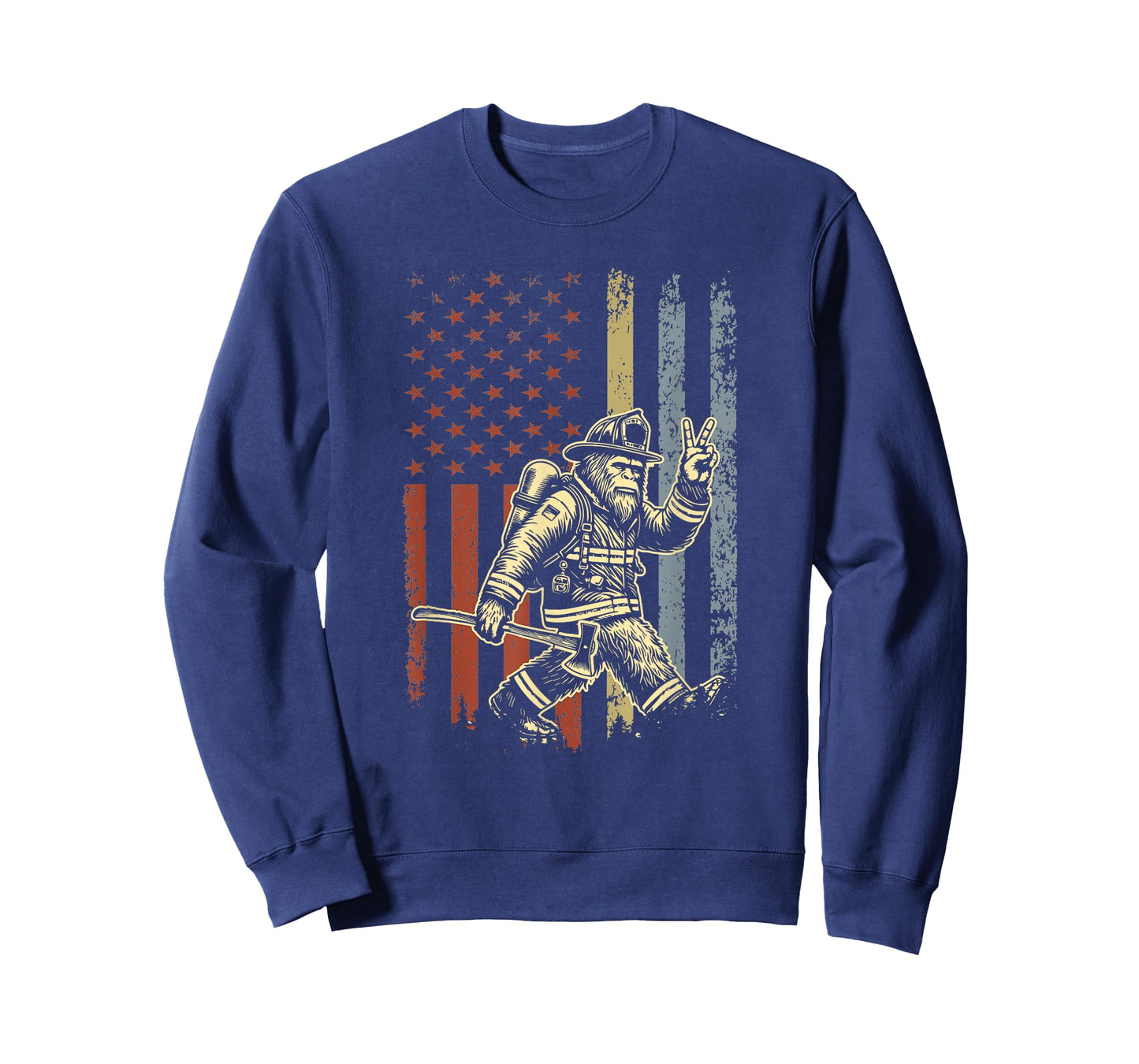 Retro American Flag Bigfoot Firefighter Sasquatch Fireman T-Shirt