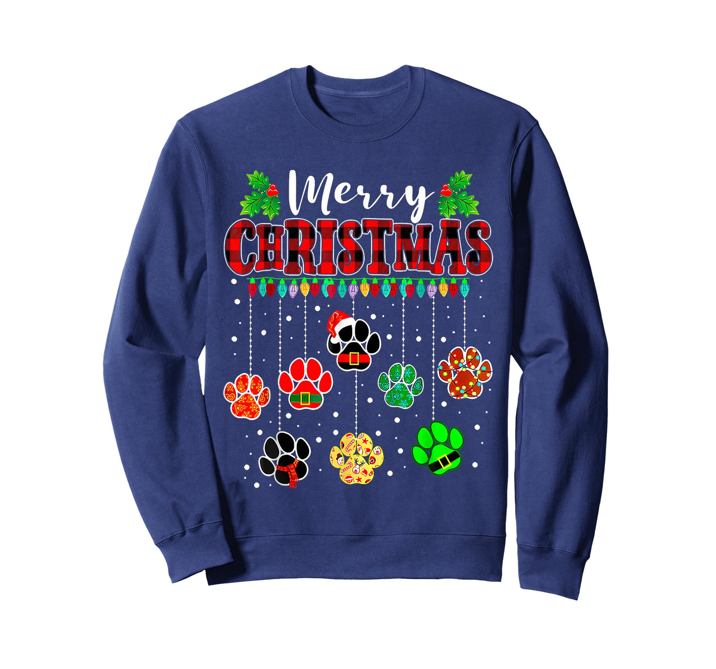 Merry Christmas Lights Dog Paw Red Plaid Funny Dog Love Xmas T-Shirt