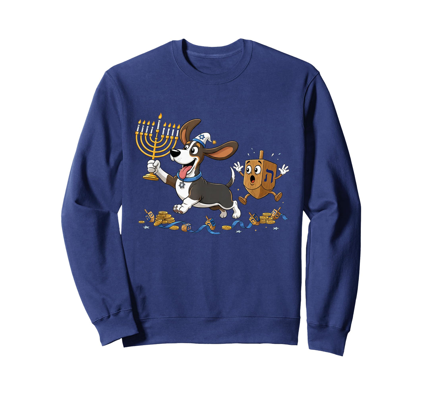 Funny Basset Hound Dreidel Menorah Hanukkah Kids Womens Mens T-Shirt