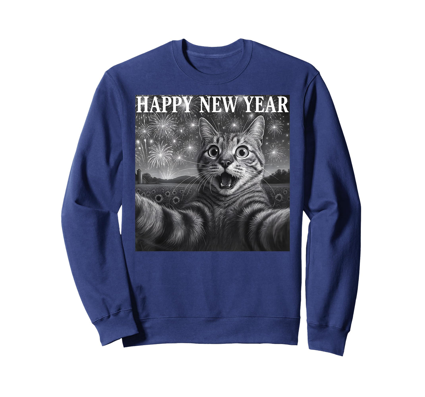 Cat Selfie with Firework Funny Cat Happy New Year Men Women T-Shirt