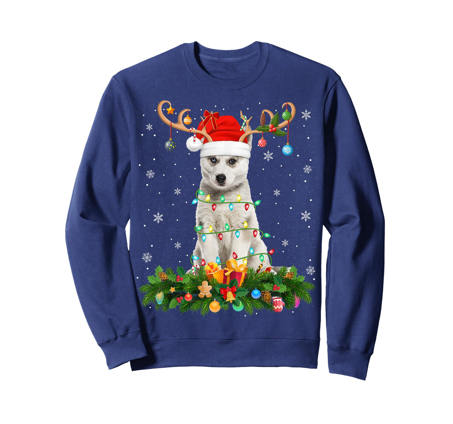 Siberian Husky Christmas Lights Reindeer Santa Hat Dog Xmas T-Shirt