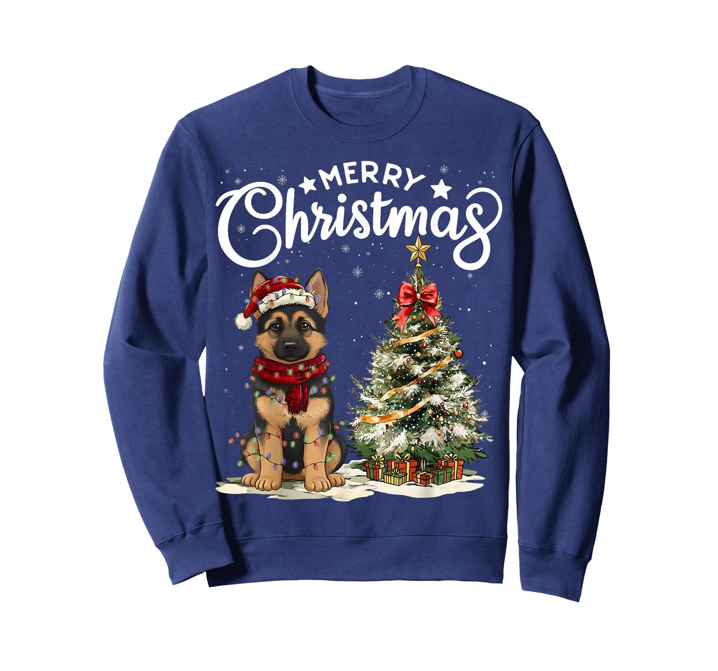 German Shepherd Merry Christmas Dog Santa Hat Tree Lights T-Shirt