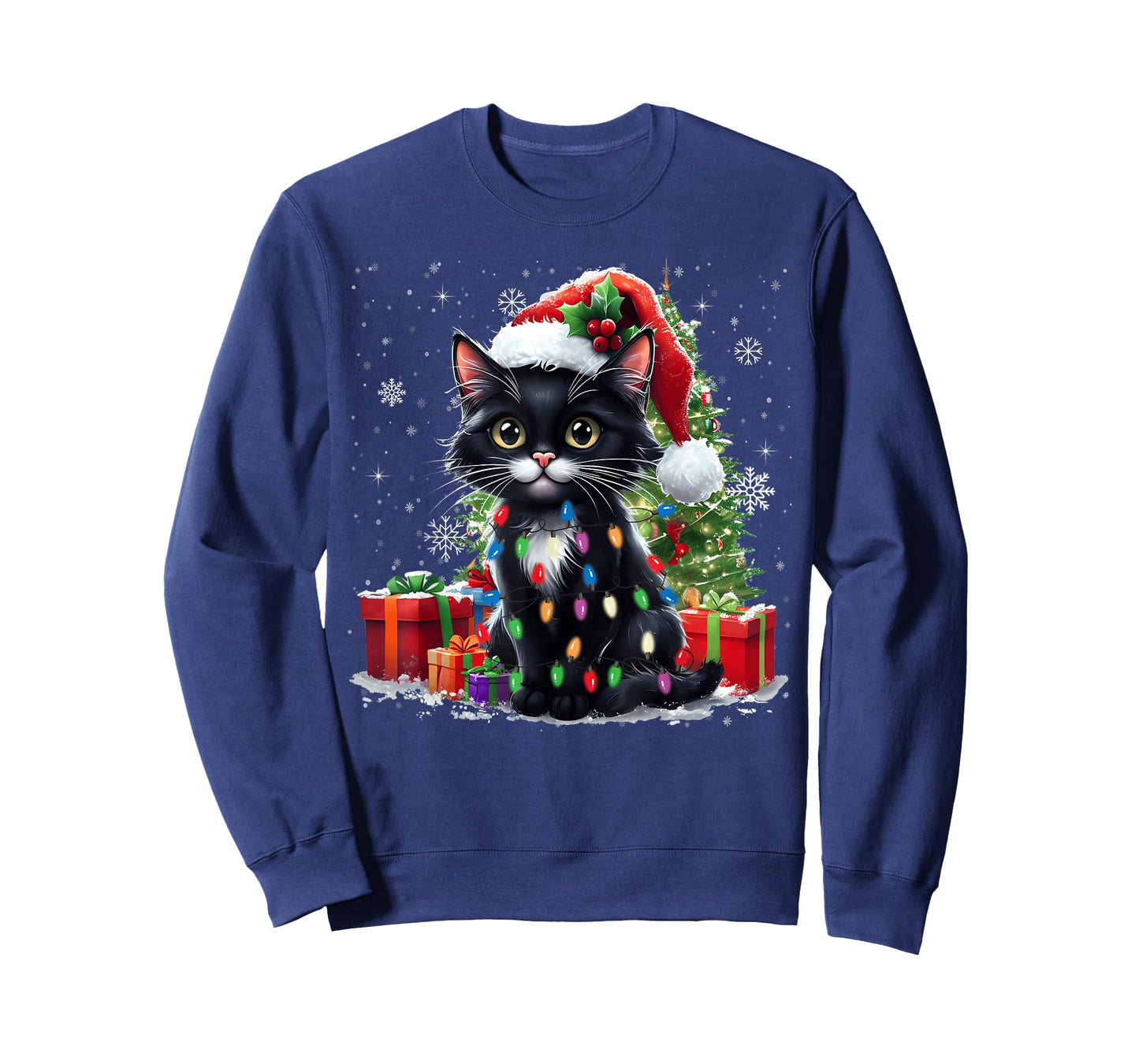 Black Cat Christmas Tree Light Cat Lover Xmas Men Women Kids T-Shirt