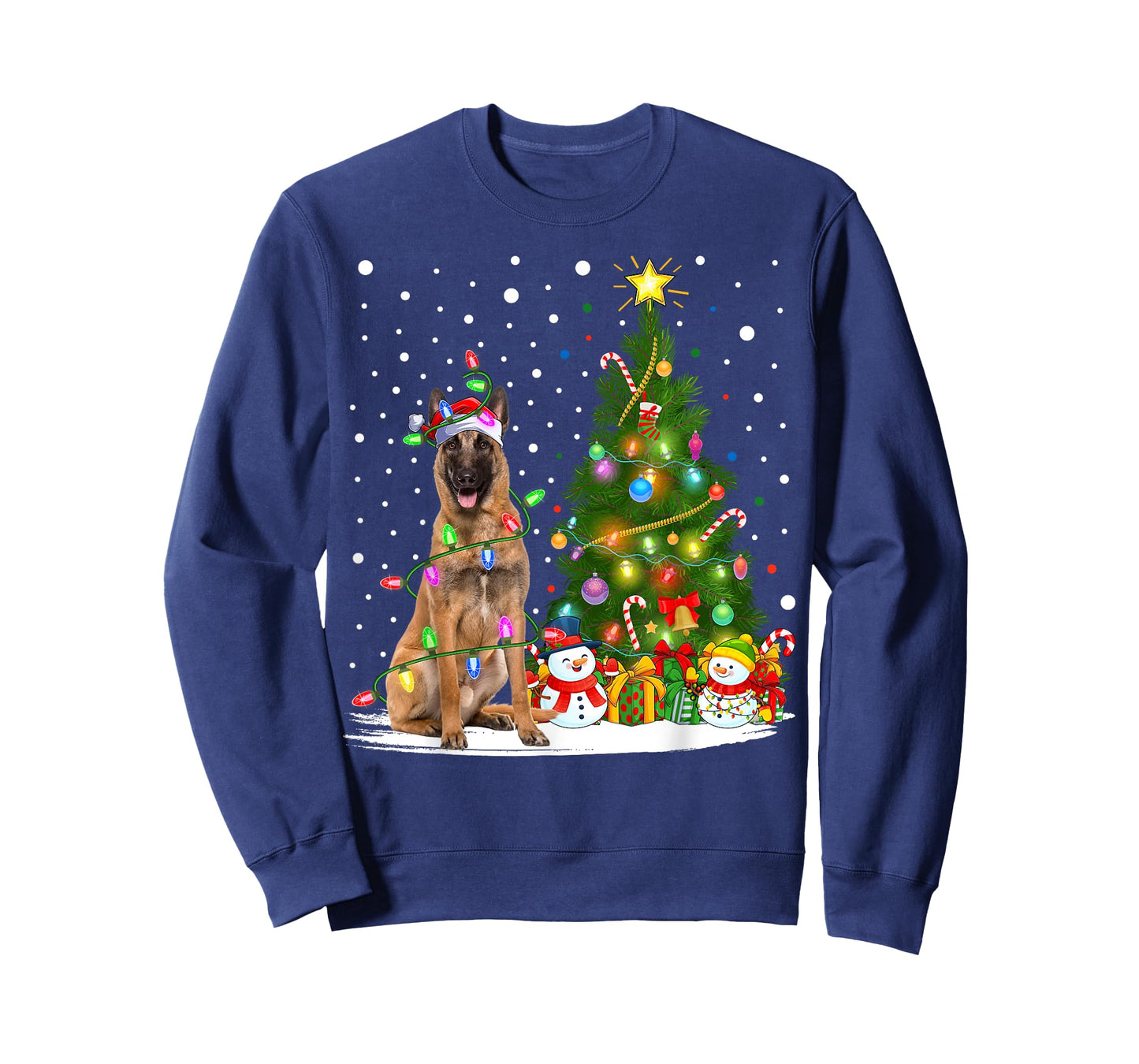 Lighting Xmas Tree Santa Belgian Malinois Dog Christmas Men Women Kids T-Shirt