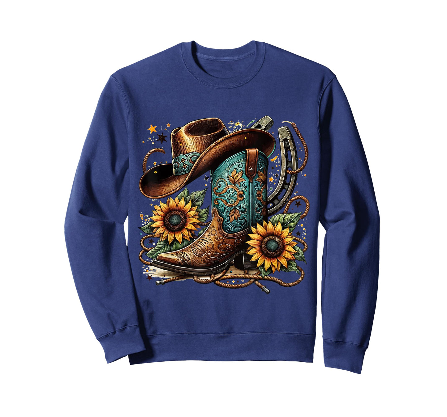Western Cowboy Boot Horseshoe Sunflower Rope Cowgirl Boot T-Shirt, Small, Black