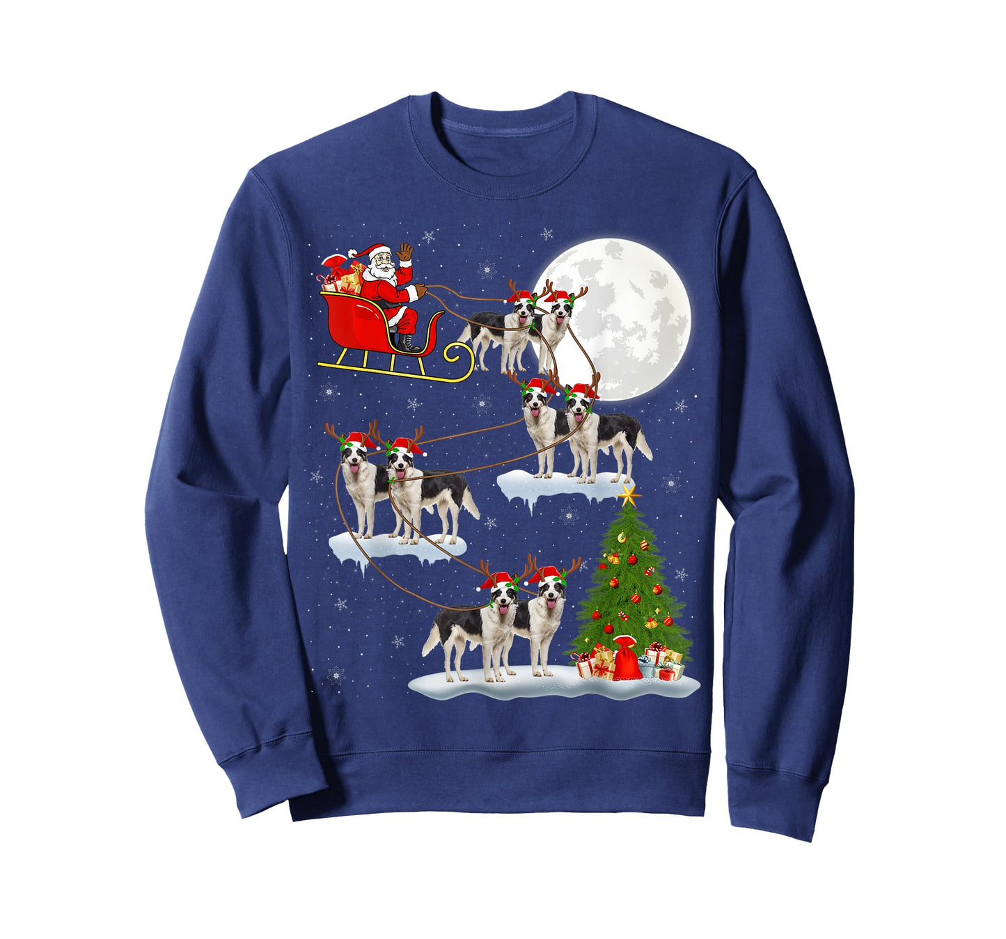 Xmas Lighting Tree Santa Riding Border Collie Christmas T-Shirt