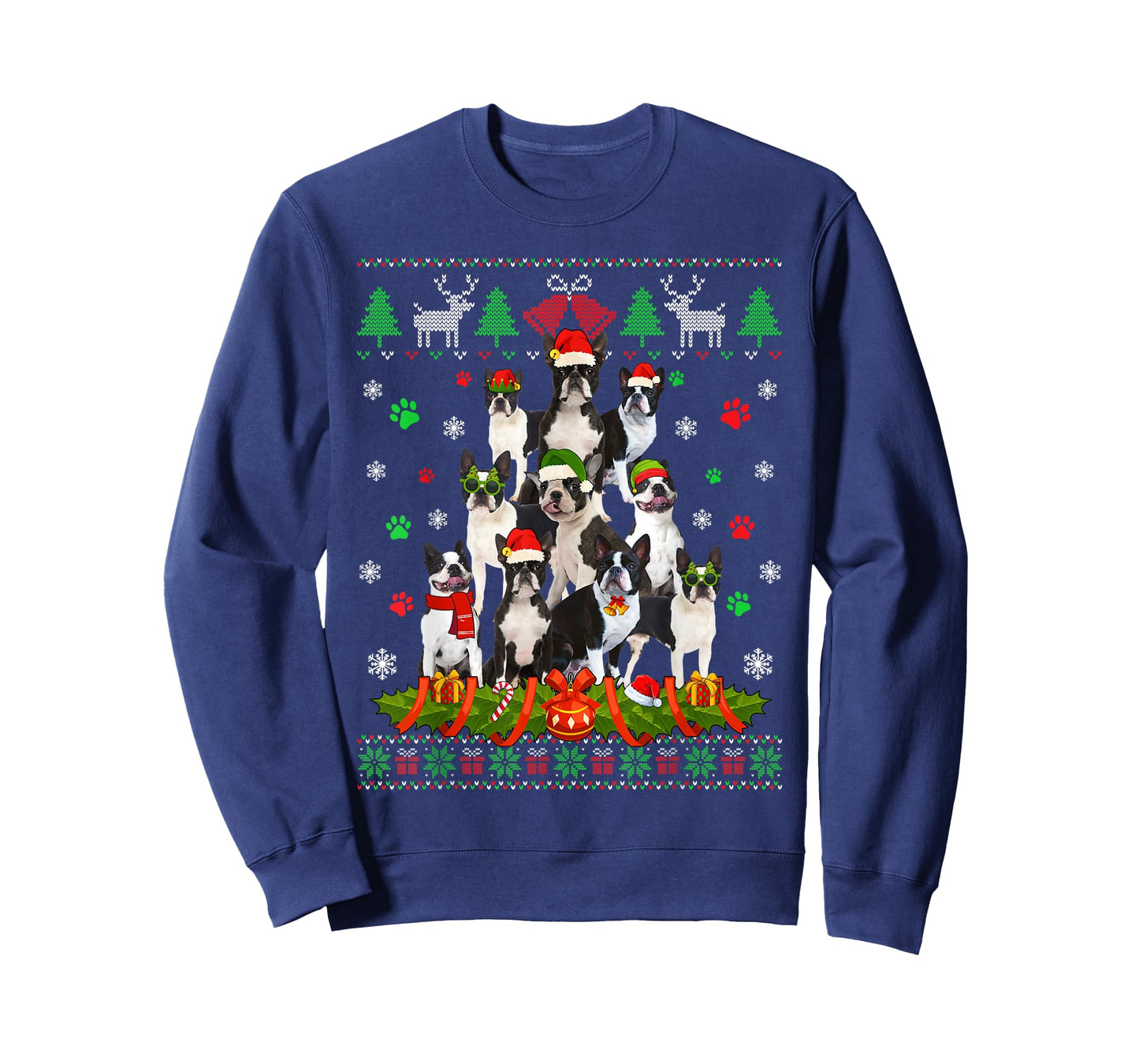 Ugly Sweater Christmas Tree Boston Terrier Dog Xmas Pajama T-Shirt