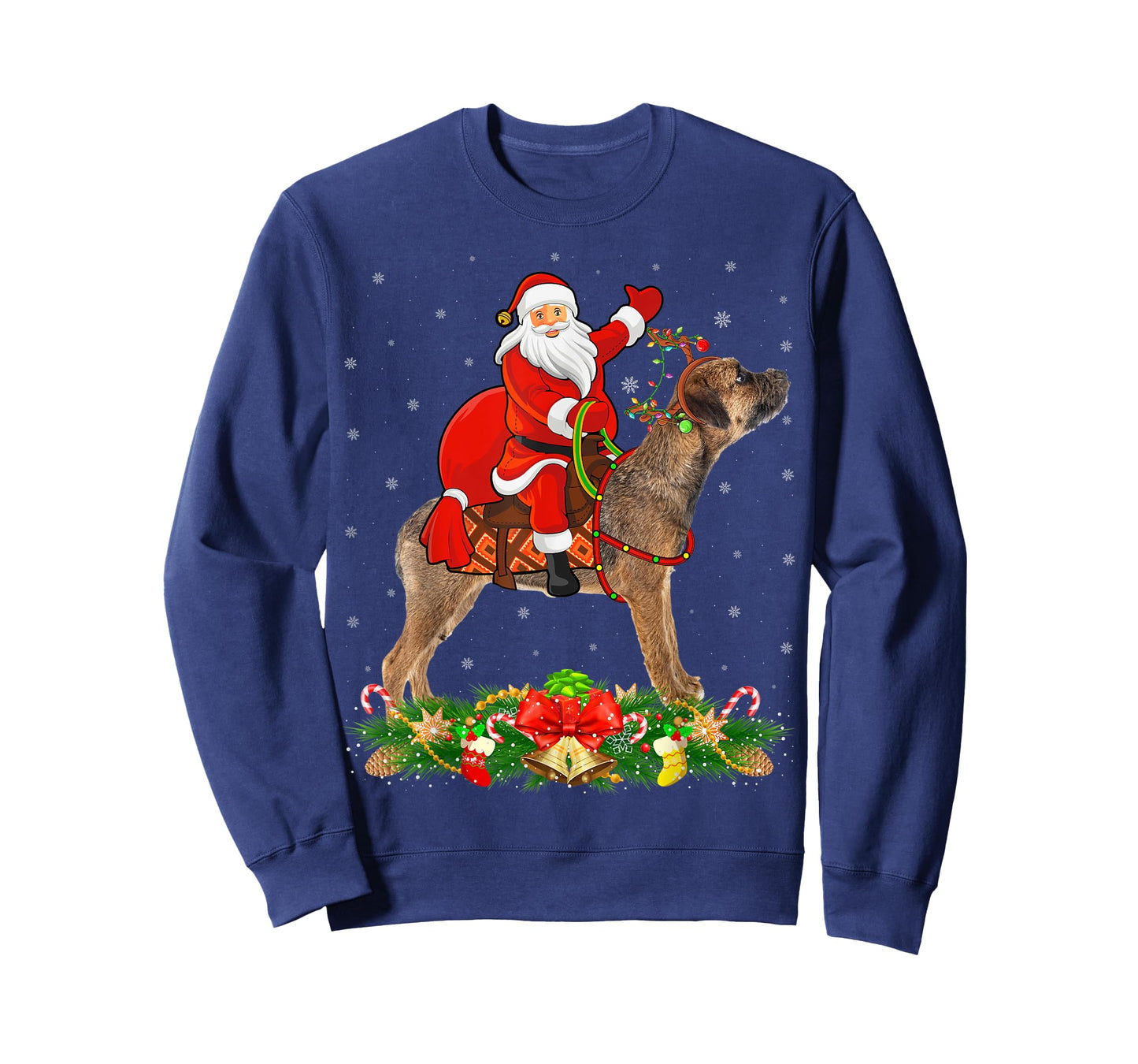 Xmas Matching Funny Santa Riding Border Terrier Christmas T-Shirt