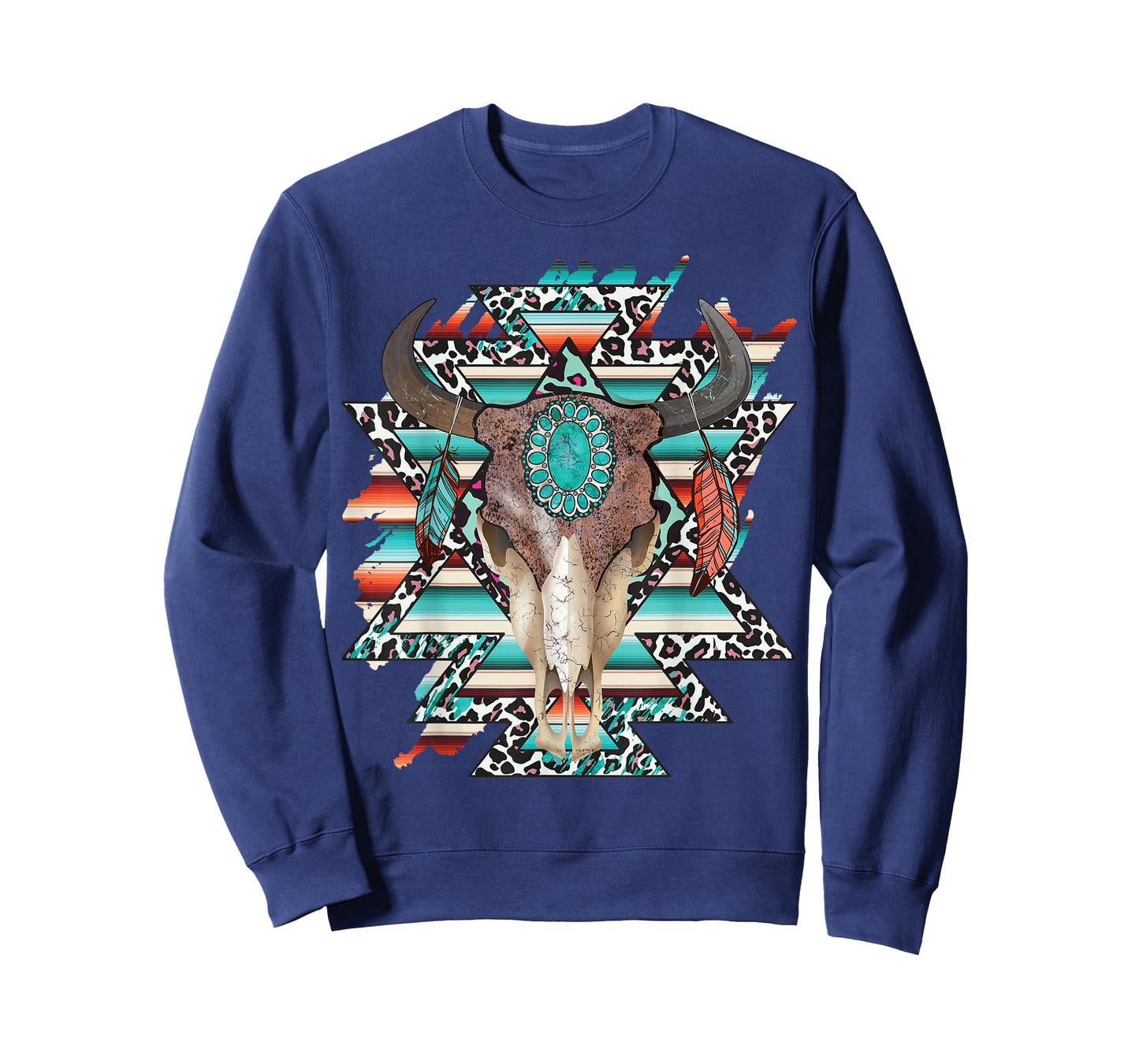 Boho Serape Turquoise Aztec Cow Bull Skull Western Cowgirl T-Shirt