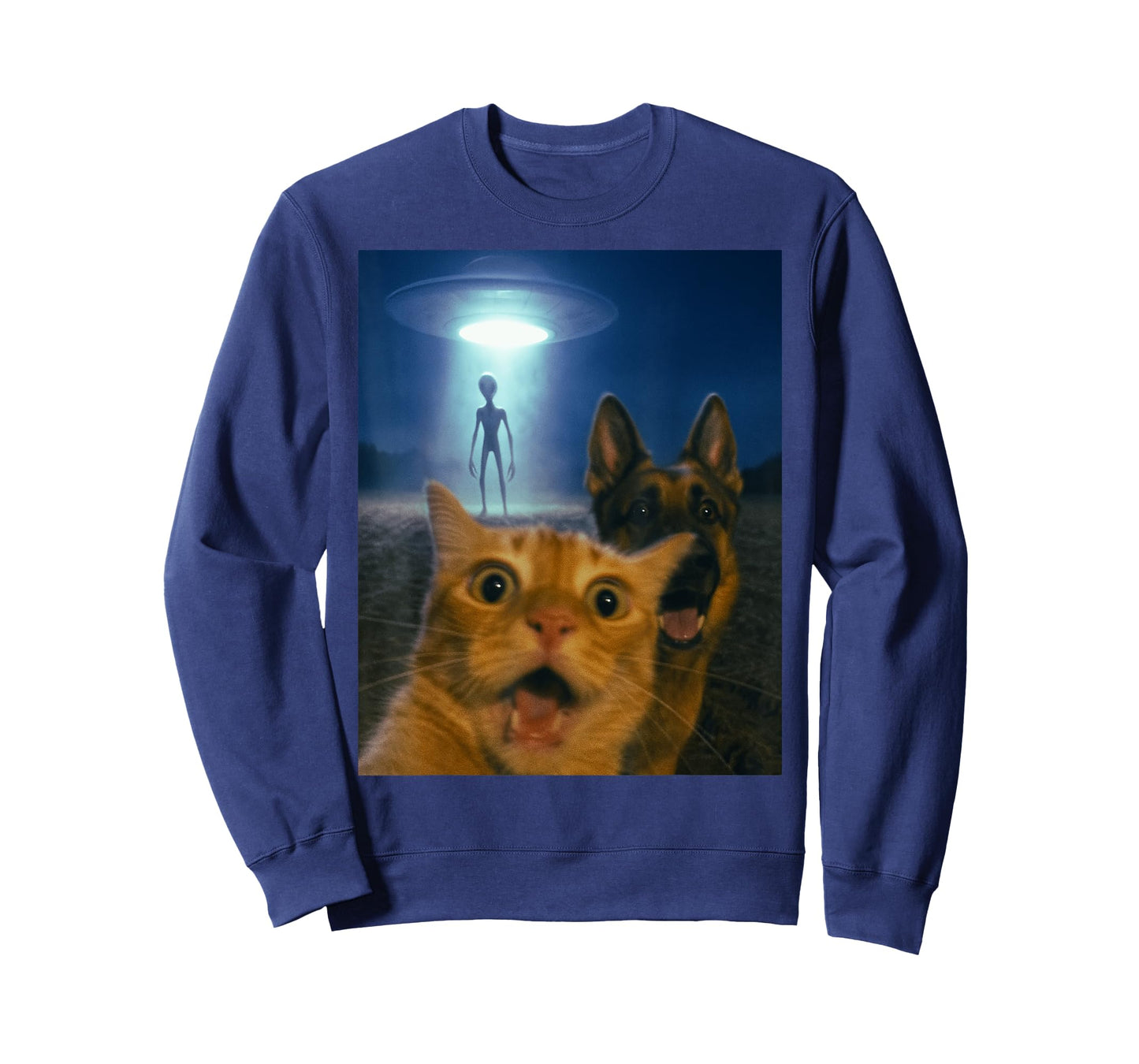 Cat and Dog Alien Selfie UFO Abduction Night Scene Funny T-Shirt