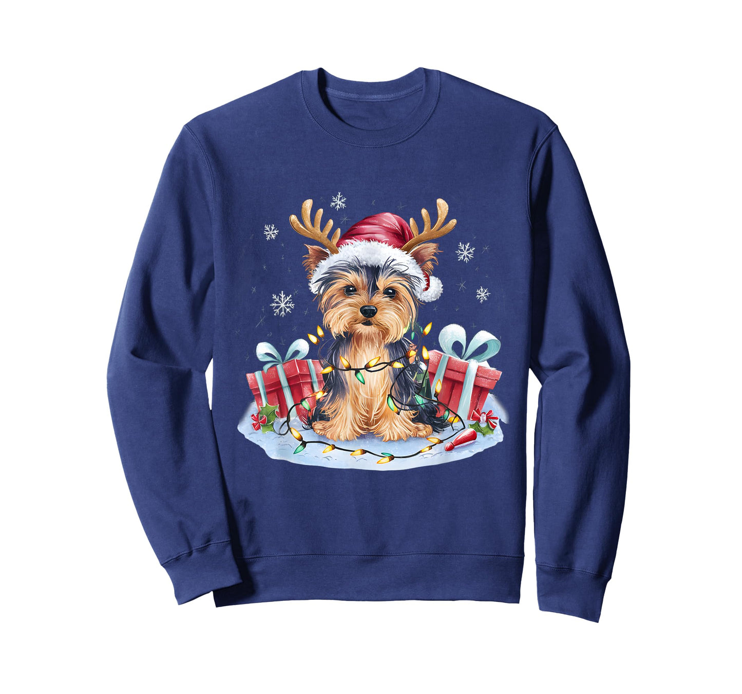 Funny Santa Yorkie Dog Reindeer Christmas Lights Dog Lover T-Shirt