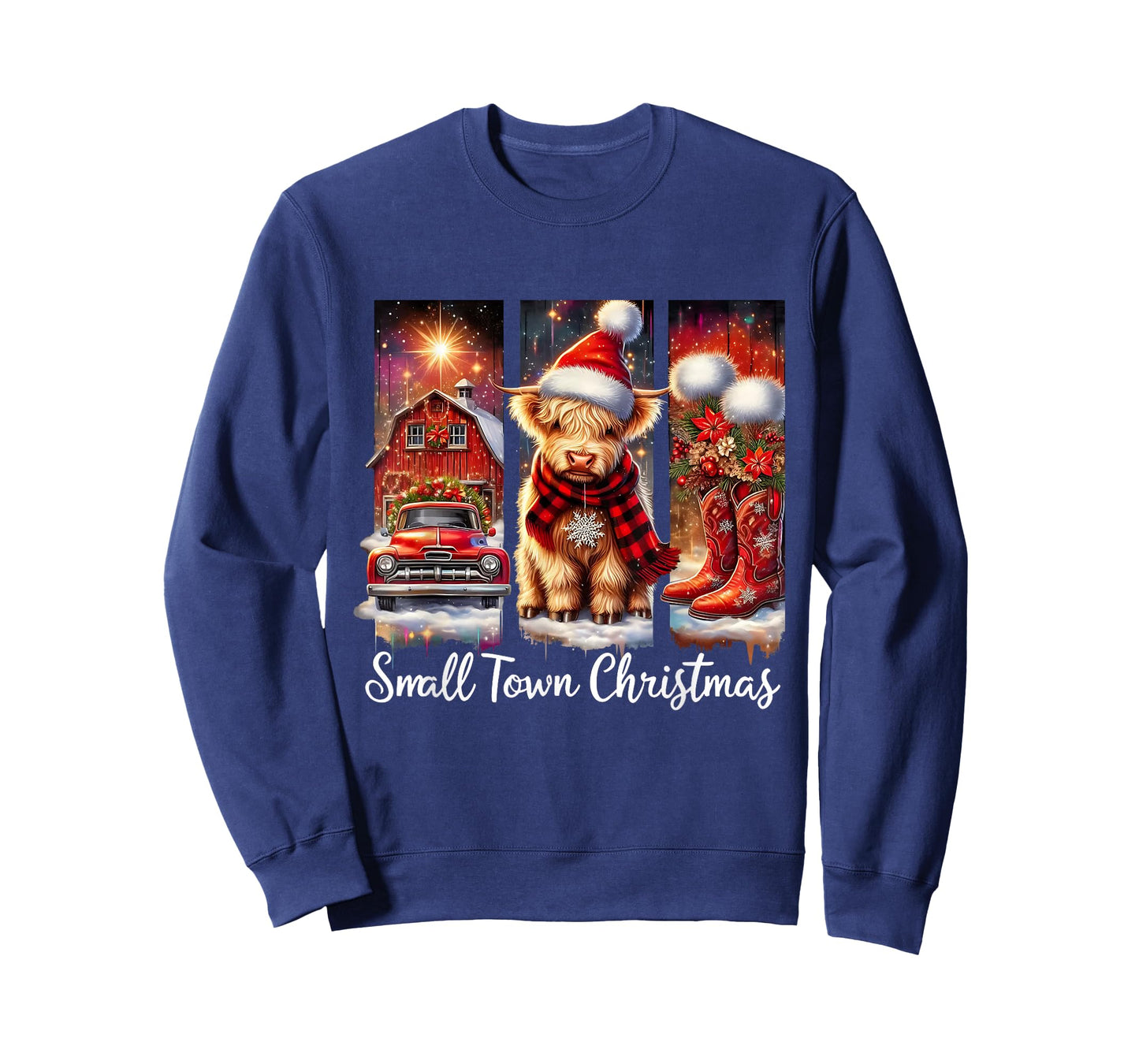 Small Town Christmas Highland Cow Western Art T-Shirt