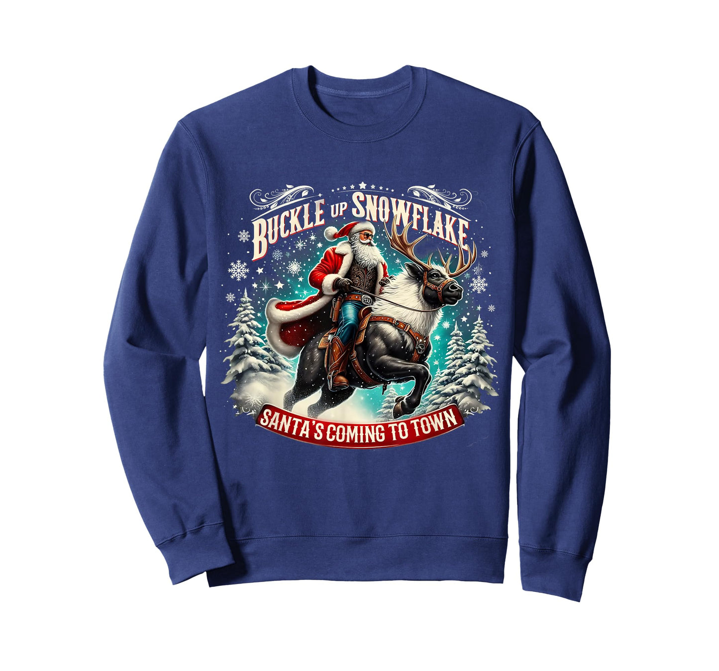 Buckle Up Snowflake Funny Cowboy Santa Design T-Shirt