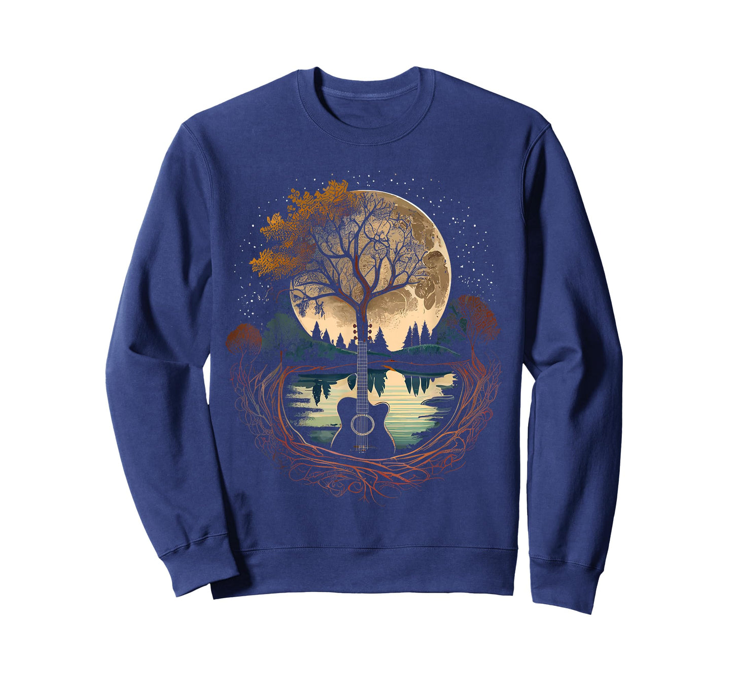 Acoustic Guitar Tree and Moon By The Lake Guitarist T-Shirt
