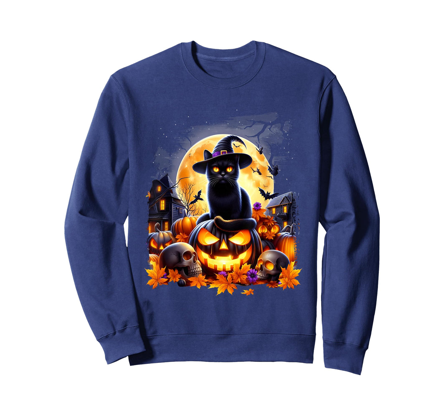 Halloween Black Cat Pumpkins Skulls HauntedHouse Under Moon T-Shirt