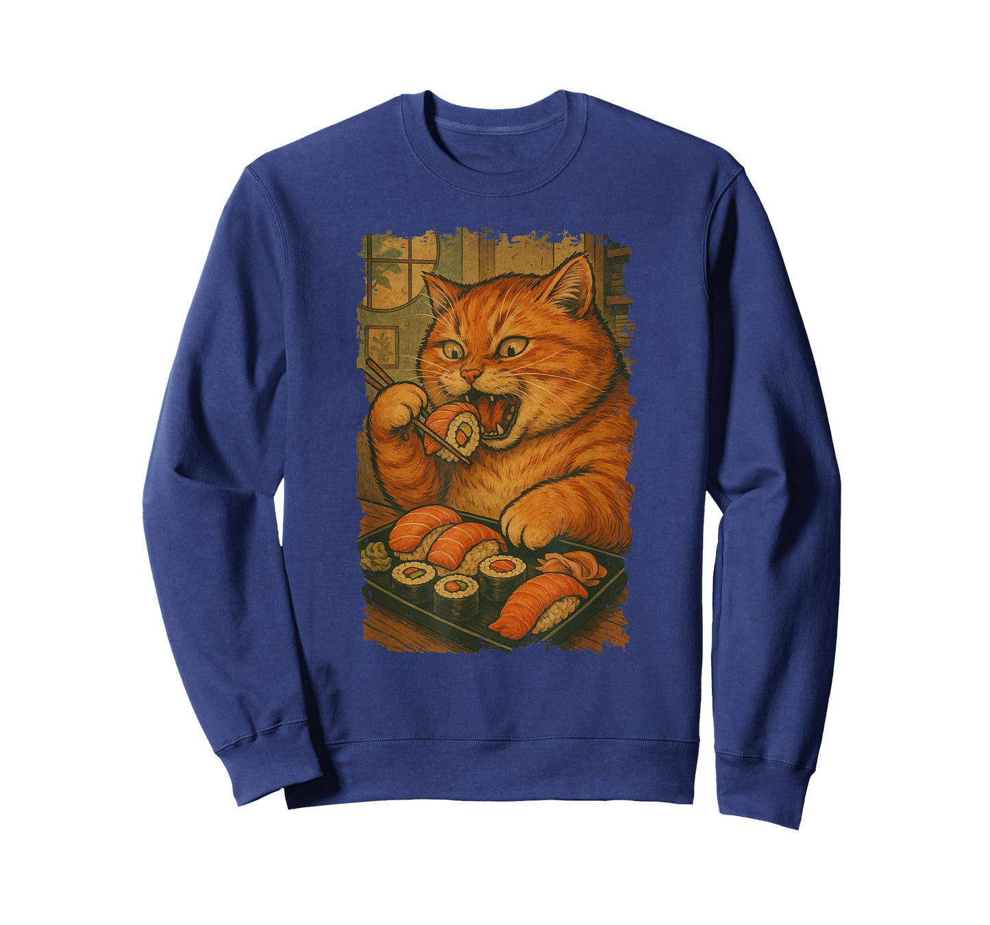 Orange Tabby Cat Eats Sushi Japanese Vintage T-Shirt