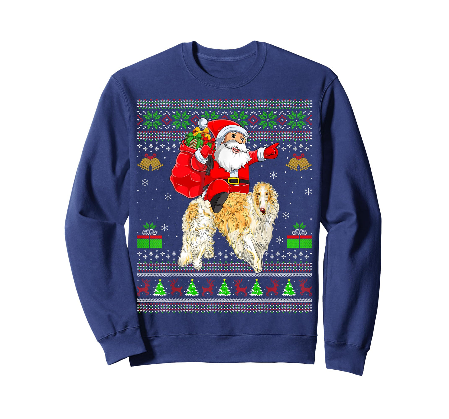 Ugly Xmas Sweater Funny Santa Riding Borzoi Dog Christmas T-Shirt