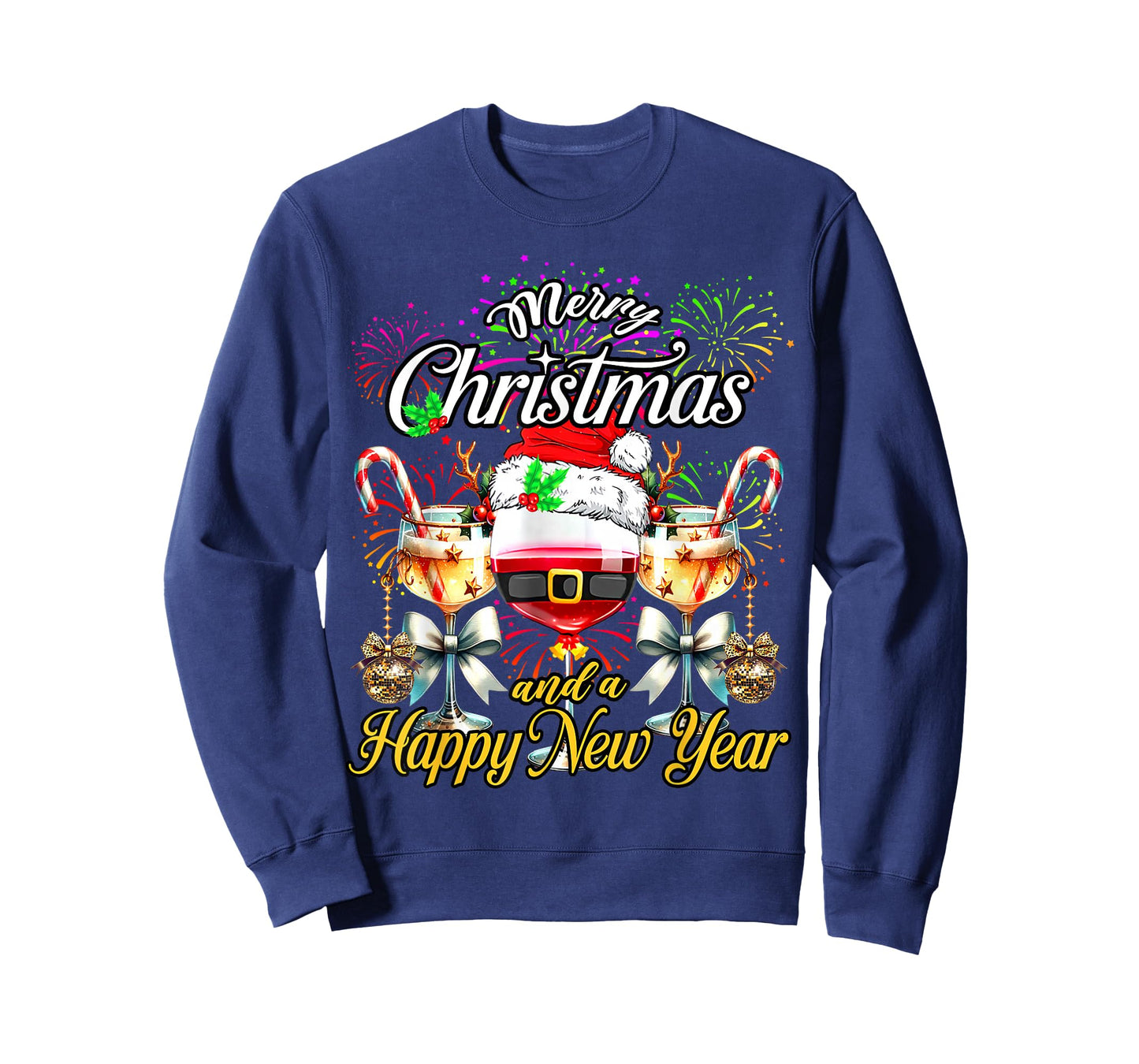 Merry Christmas and A Happy New Year Firework Wine Glasses T-Shirt