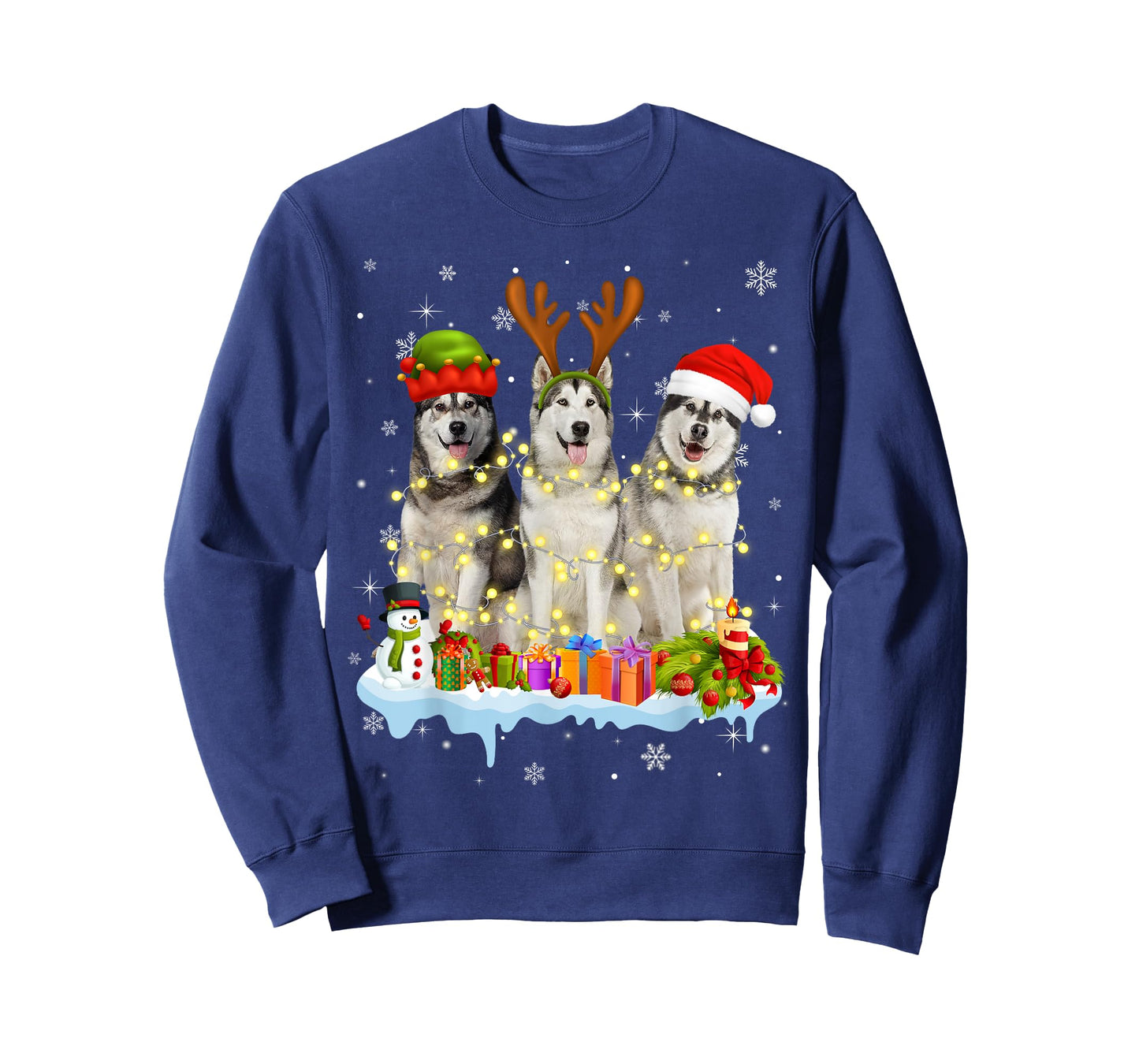 Cute Alaskan Malamute Santa Hat Christmas Light Xmas T-Shirt