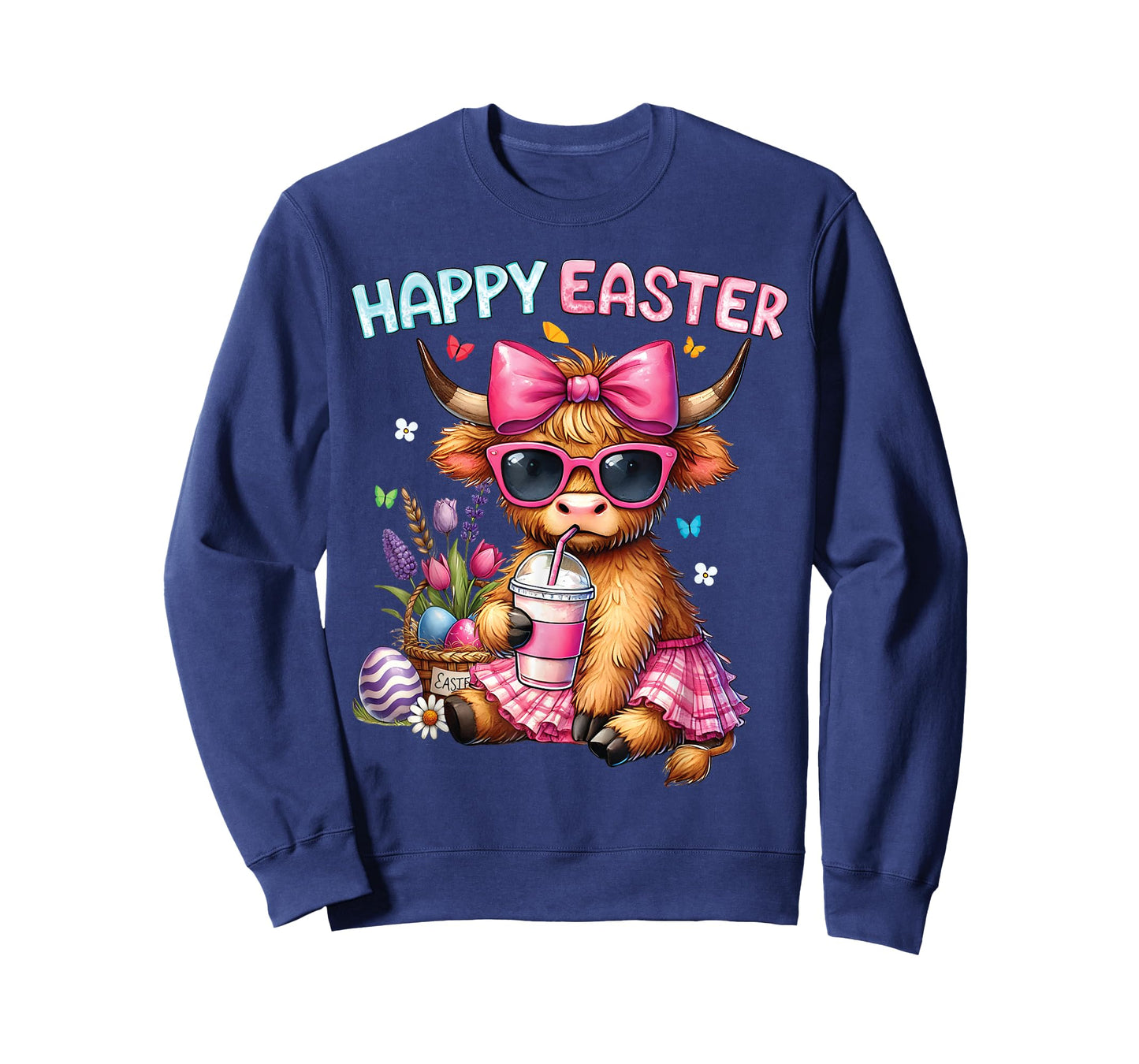 Happy Easter Day Highland Cow Cute Easter Bunny Women Kids T-Shirt