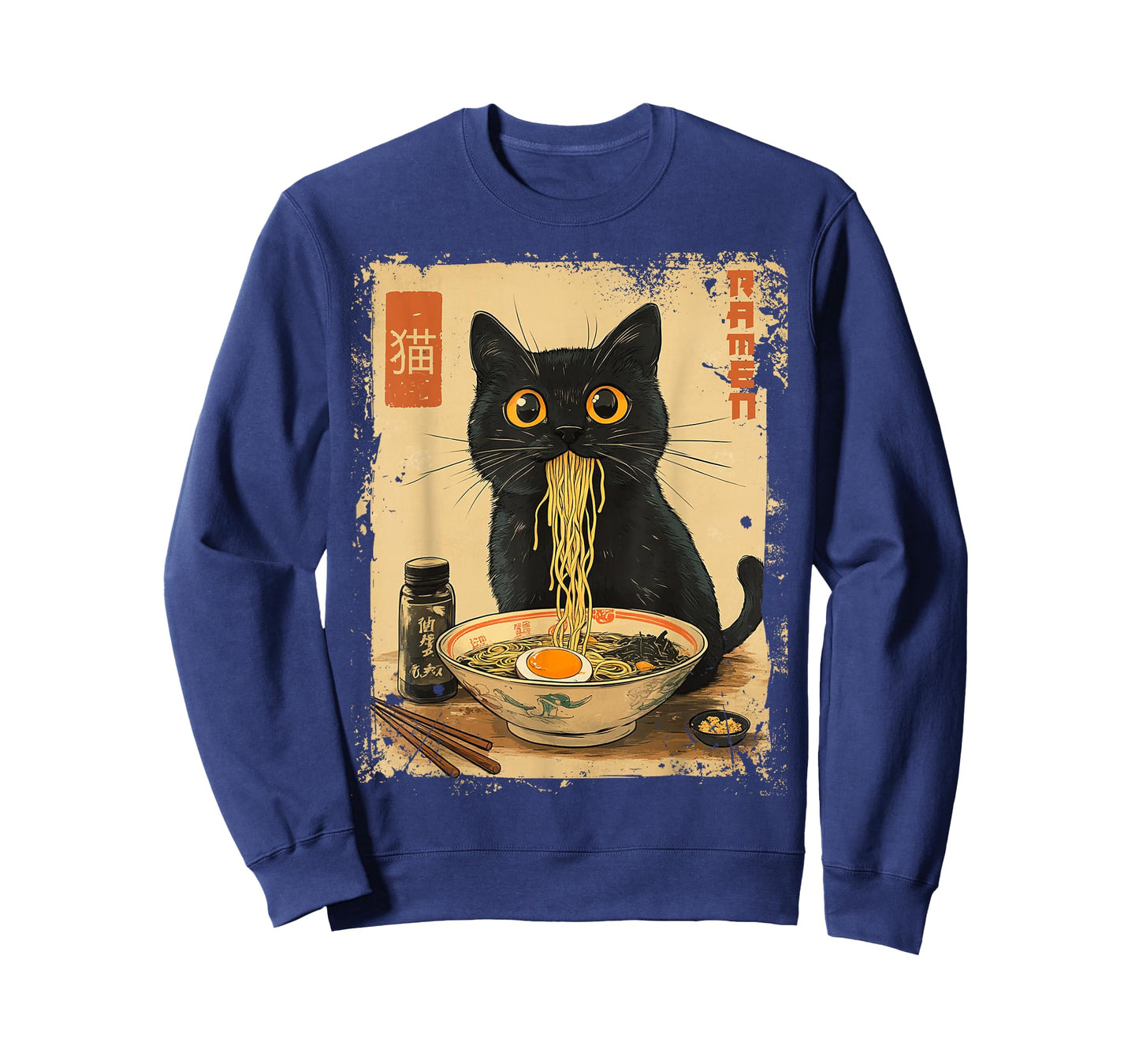 Dirhame Funny Japanese Cat Ramen Anime Kawaii Cat Eating Ramen Noodles T-Shirt, Unisex-Adults, Anime Fans, Girls, Young Females, Black, Small, Short Sleeve, T-Shirt