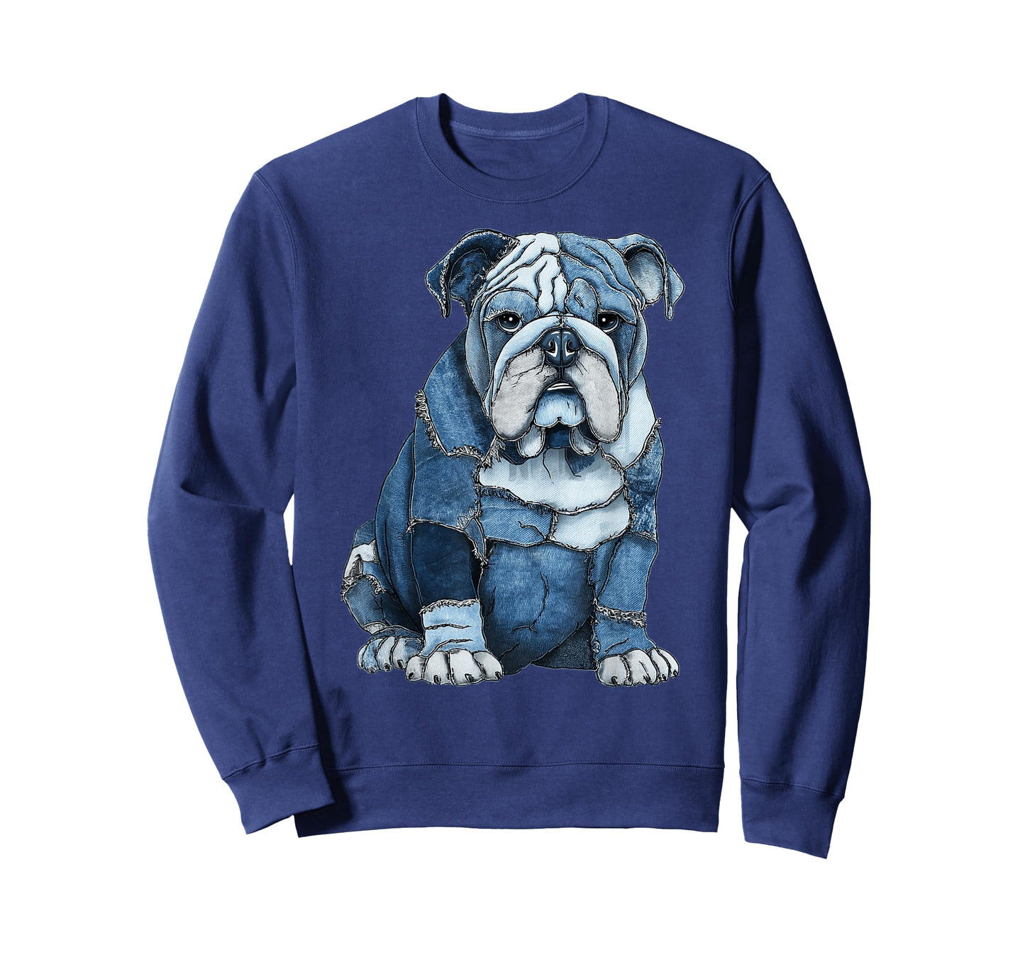 Funny English Bulldog Dog Blue Denim Patchwork Graphic T-Shirt
