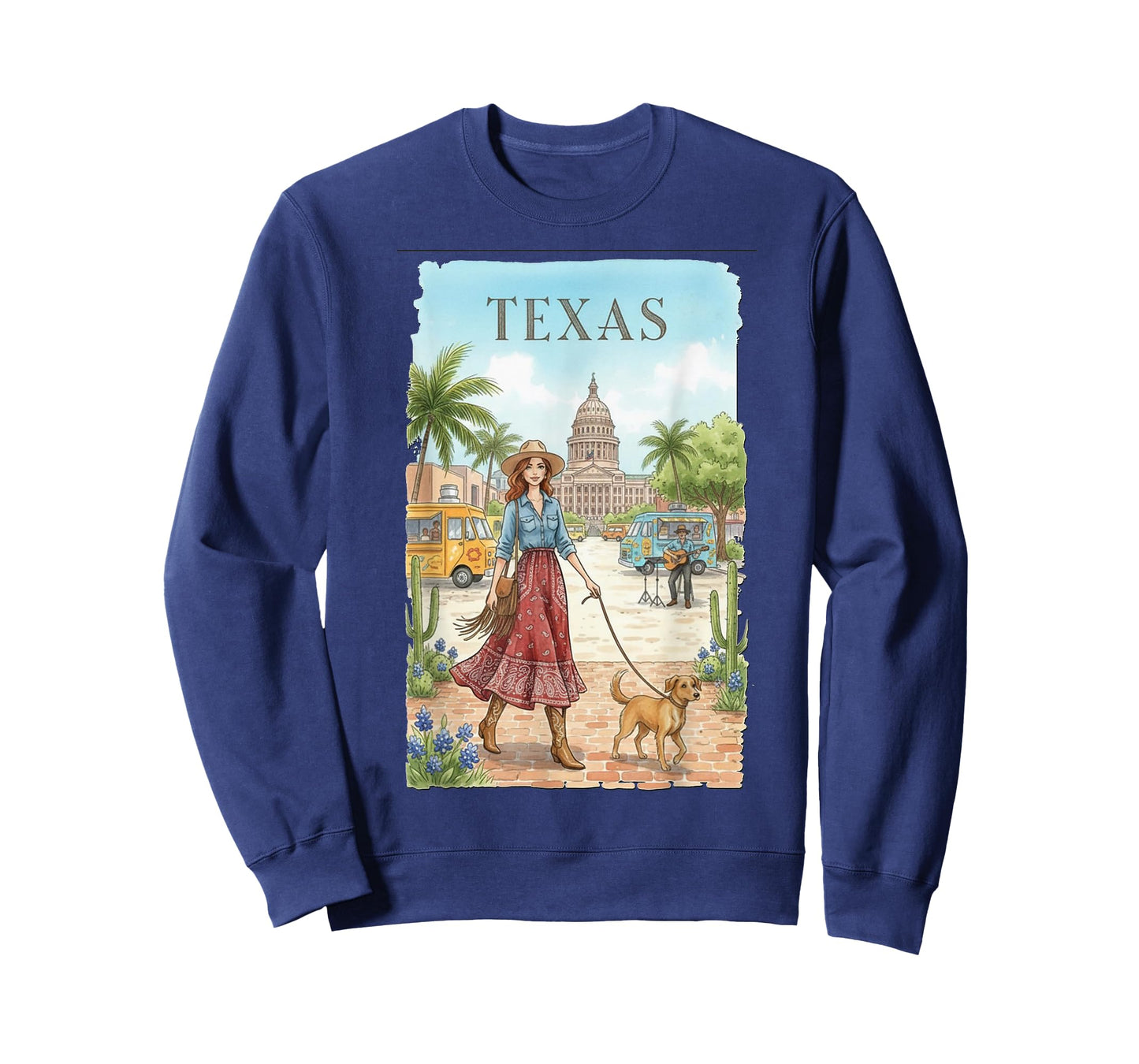 Texas Travel Art – Cowgirl with Dog in Austin City Scene T-Shirt
