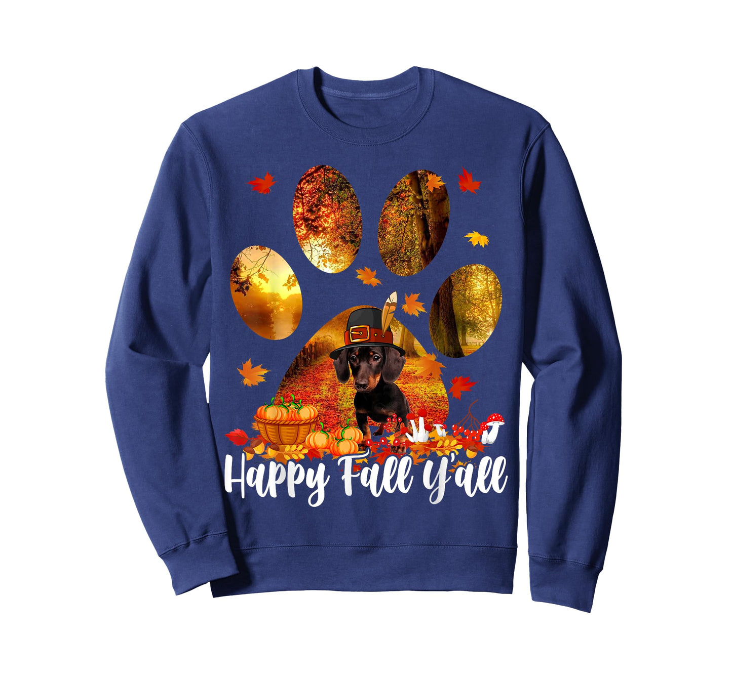 Happy Fall Y'all Thanksgiving Dachshund Pilgrim Dog Paw Fall T-Shirt