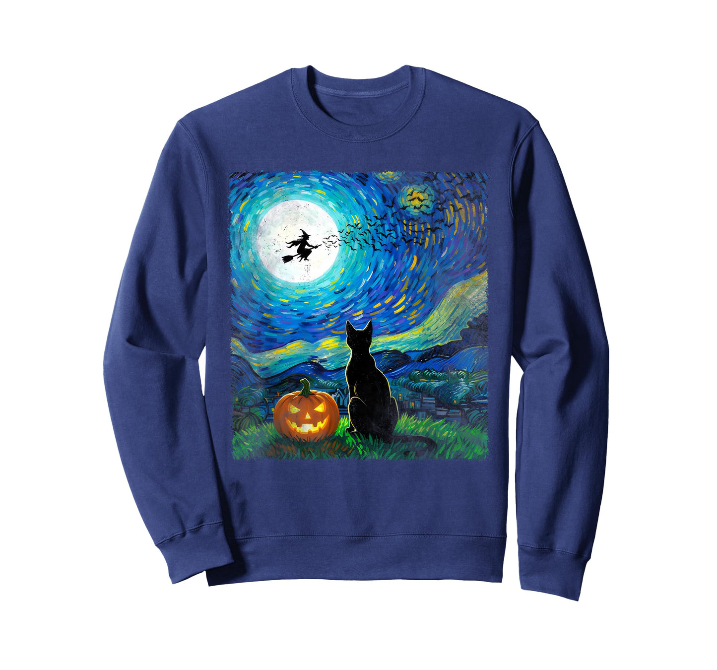 Halloween Black Cat Van Gogh Style Starry Moonlight Night T-Shirt
