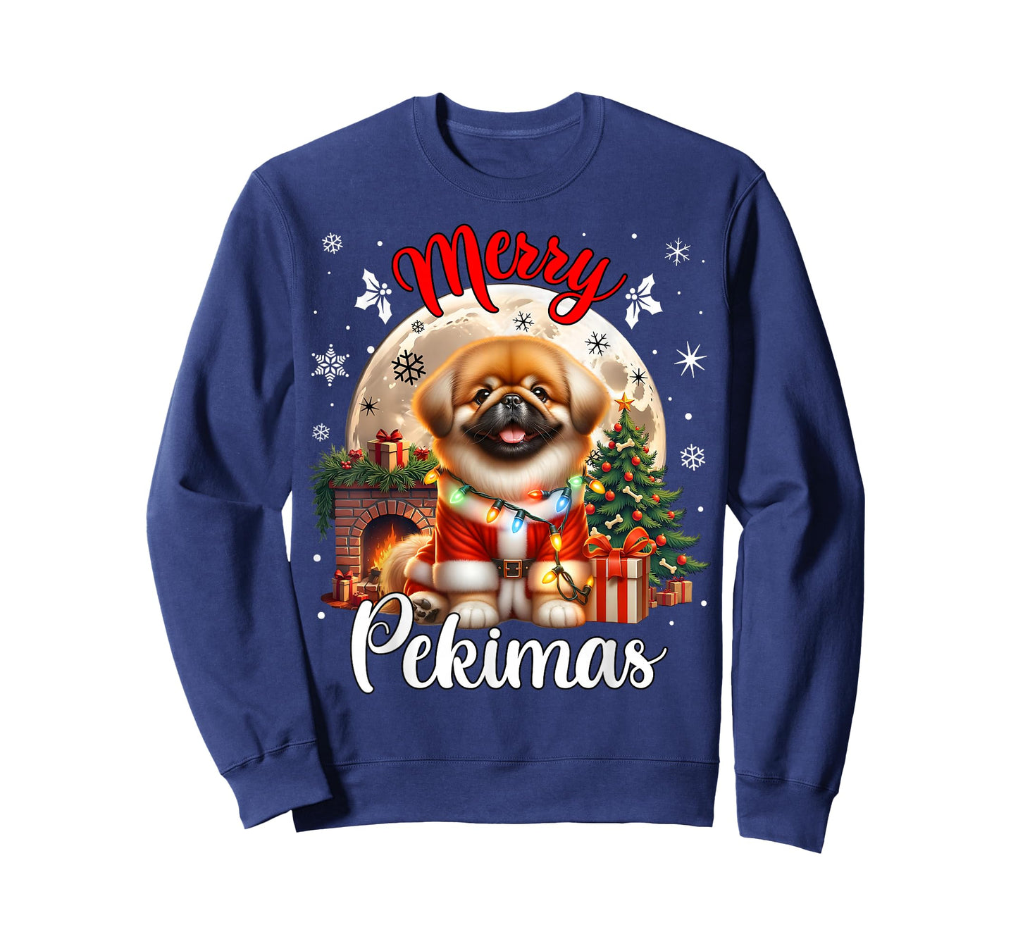 Merry Christmas Pekingese For Men & Women Unisex-Adults Black Small Cartoon Humor Modern Round Collar Straight Short Sleeve T-Shirt