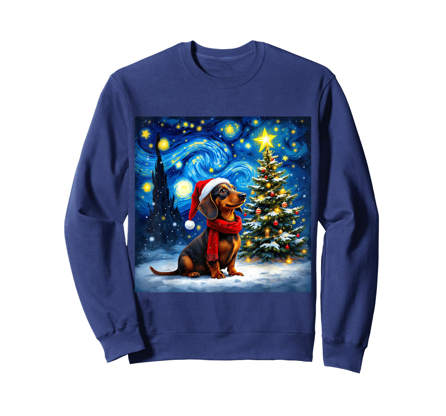 Dachshund Starry Night Christmas Van Gogh Dog Santa Hat T-Shirt