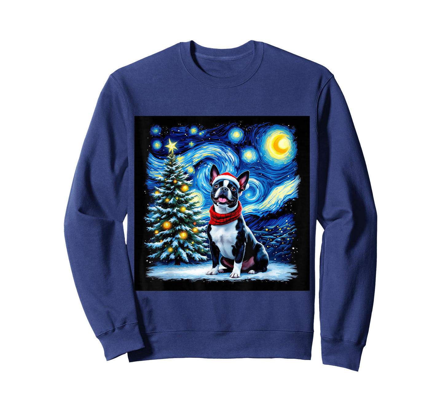Boston Terrier Starry Night Christmas Van Gogh Dog Santa Hat T-Shirt