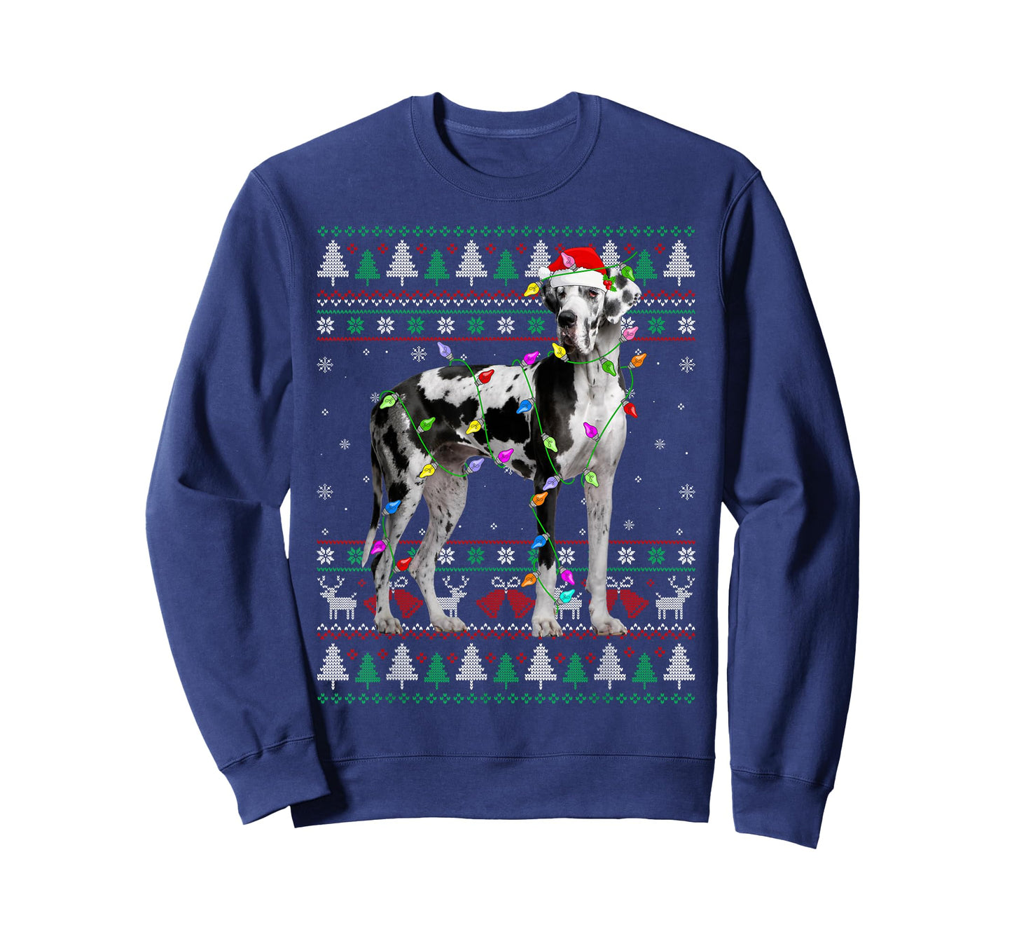 Great Dane Harlequin Dog Christmas Ugly Sweater Lights Xmas T-Shirt