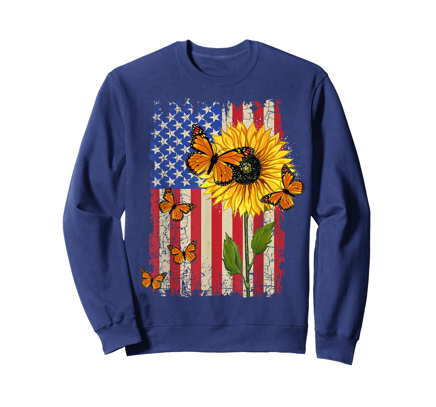Sunflower Monarch Butterflies Patriotic American Flag Womens T-Shirt