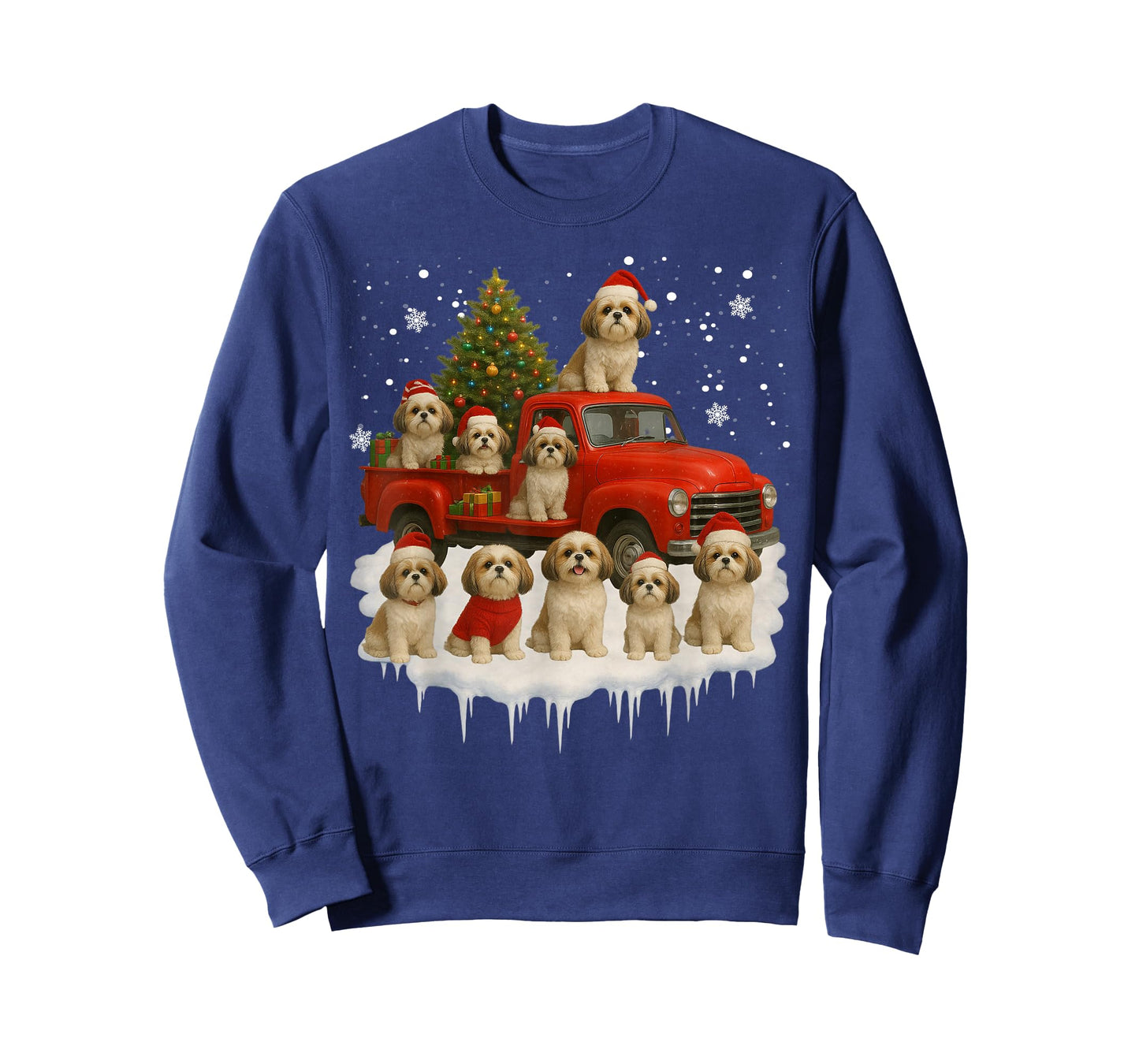 Shih Tzu Dog Red Truck Christmas Tree Santa Ugly Xmas T-Shirt