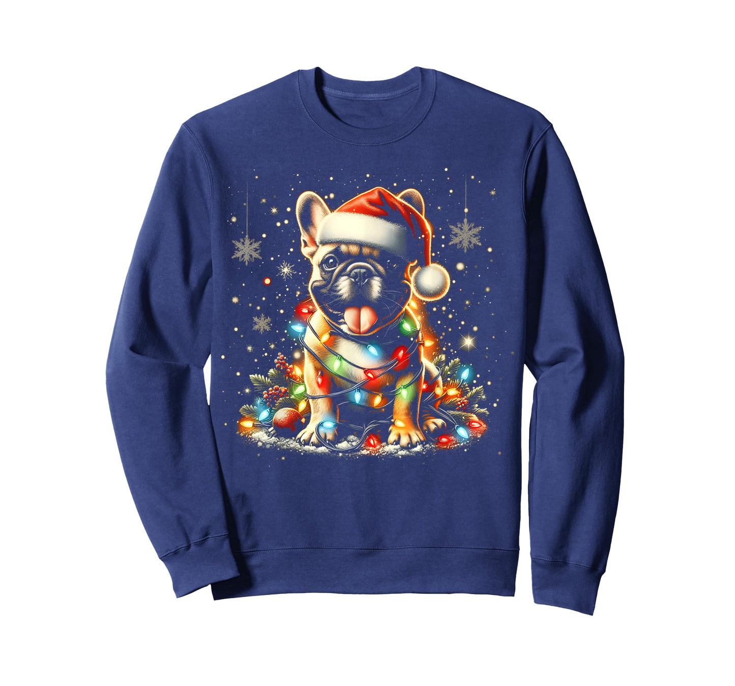 Frenchie Christmas French Bulldog with Santa Hat & Lights T-Shirt