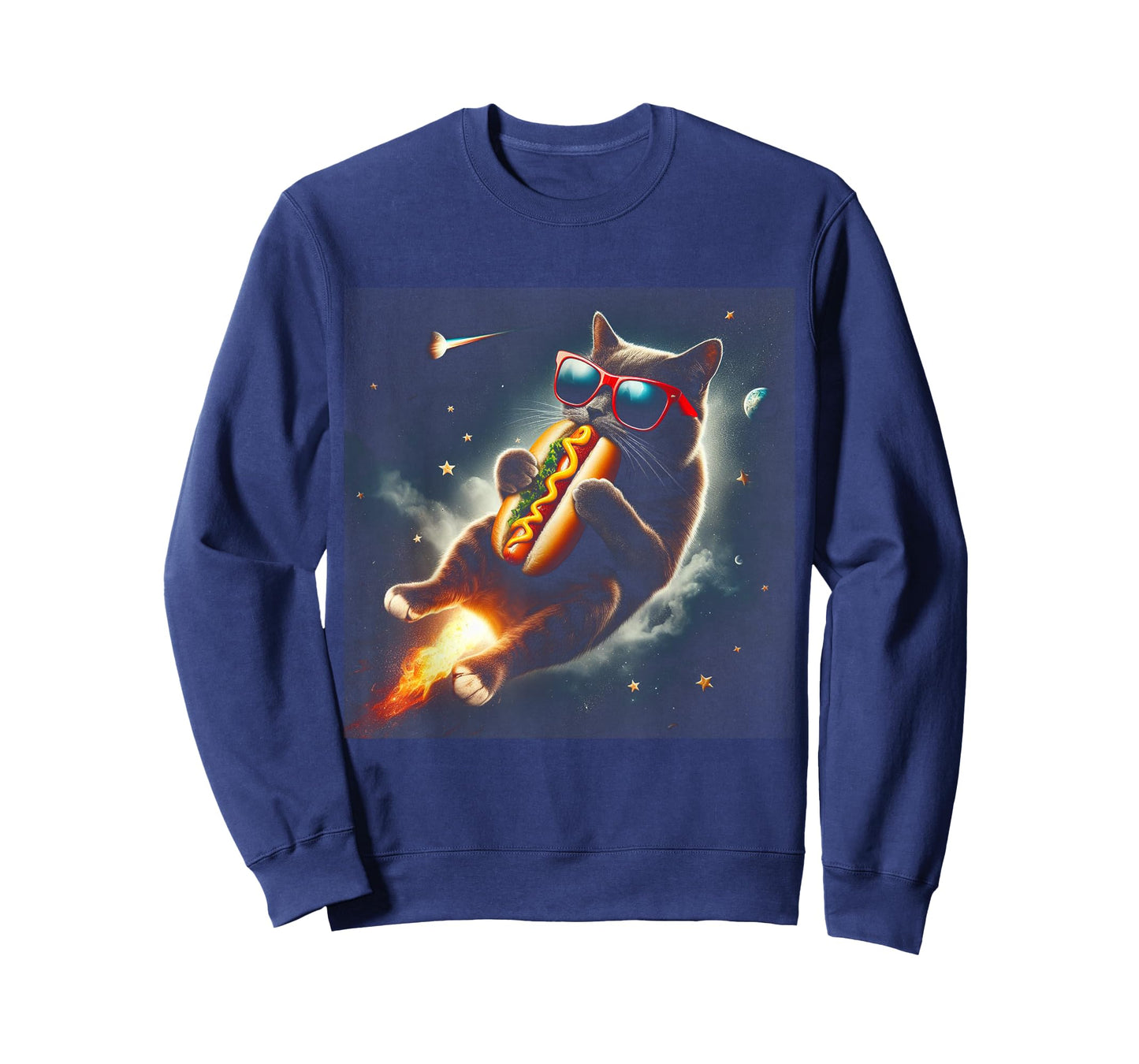 Funny Cat eating Hotdog in space kitty Space Galaxy T-Shirt for Men Women Kids
