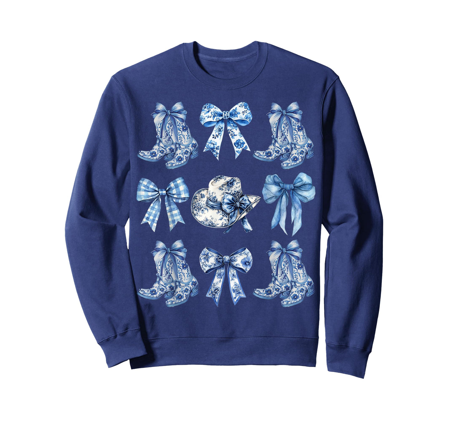 Blue Toile Cowgirl Coquette Bow Cowboy Boots Chinoiserie T-Shirt