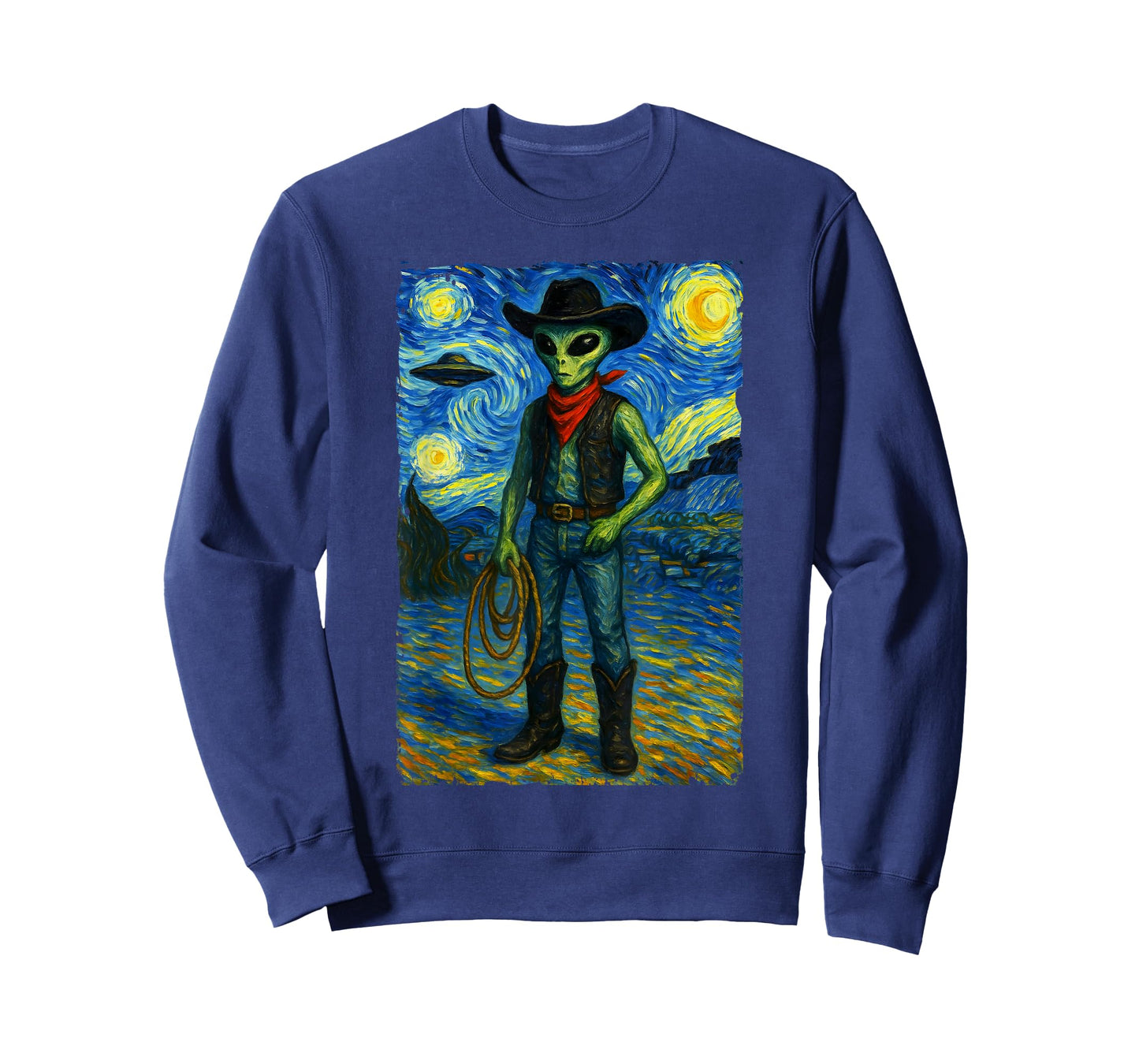 Vintage Starry Night Western Alien Cowboy Van Gogh Graphic T-Shirt