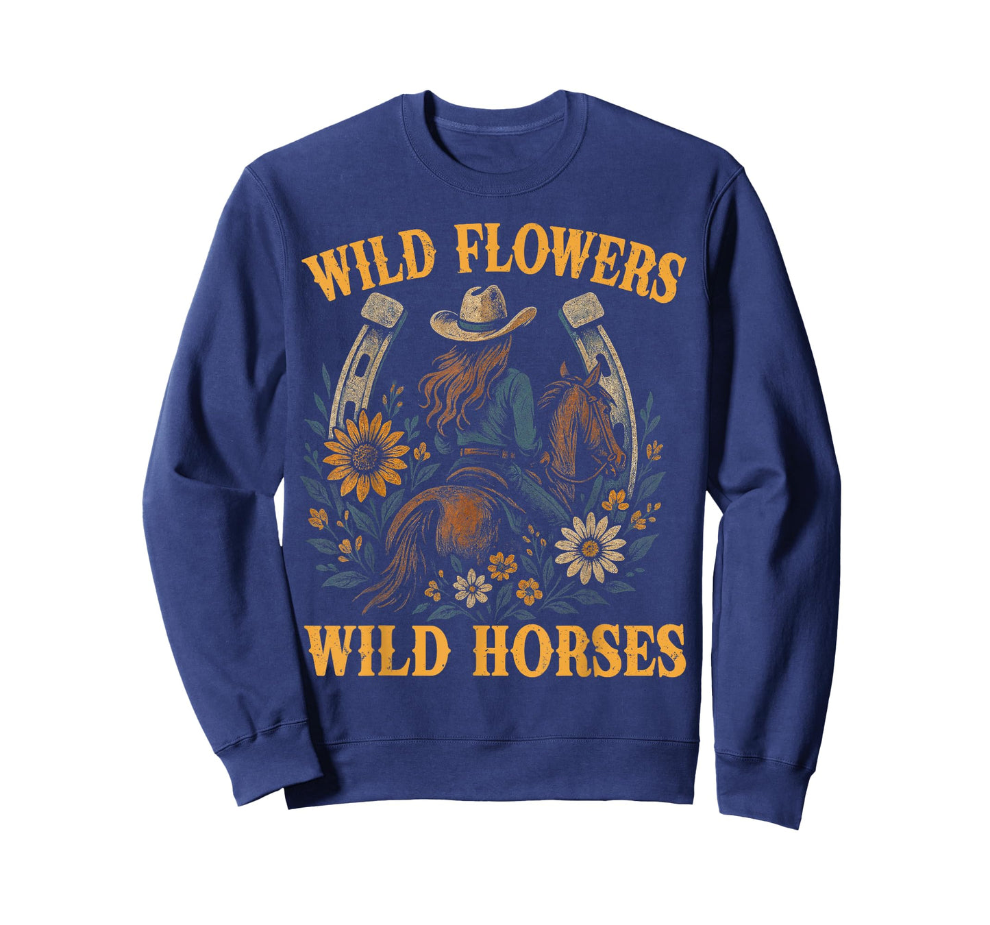 Retro Southern Sunset Wild Cowgirl Flowers - Wild Horses T-Shirt